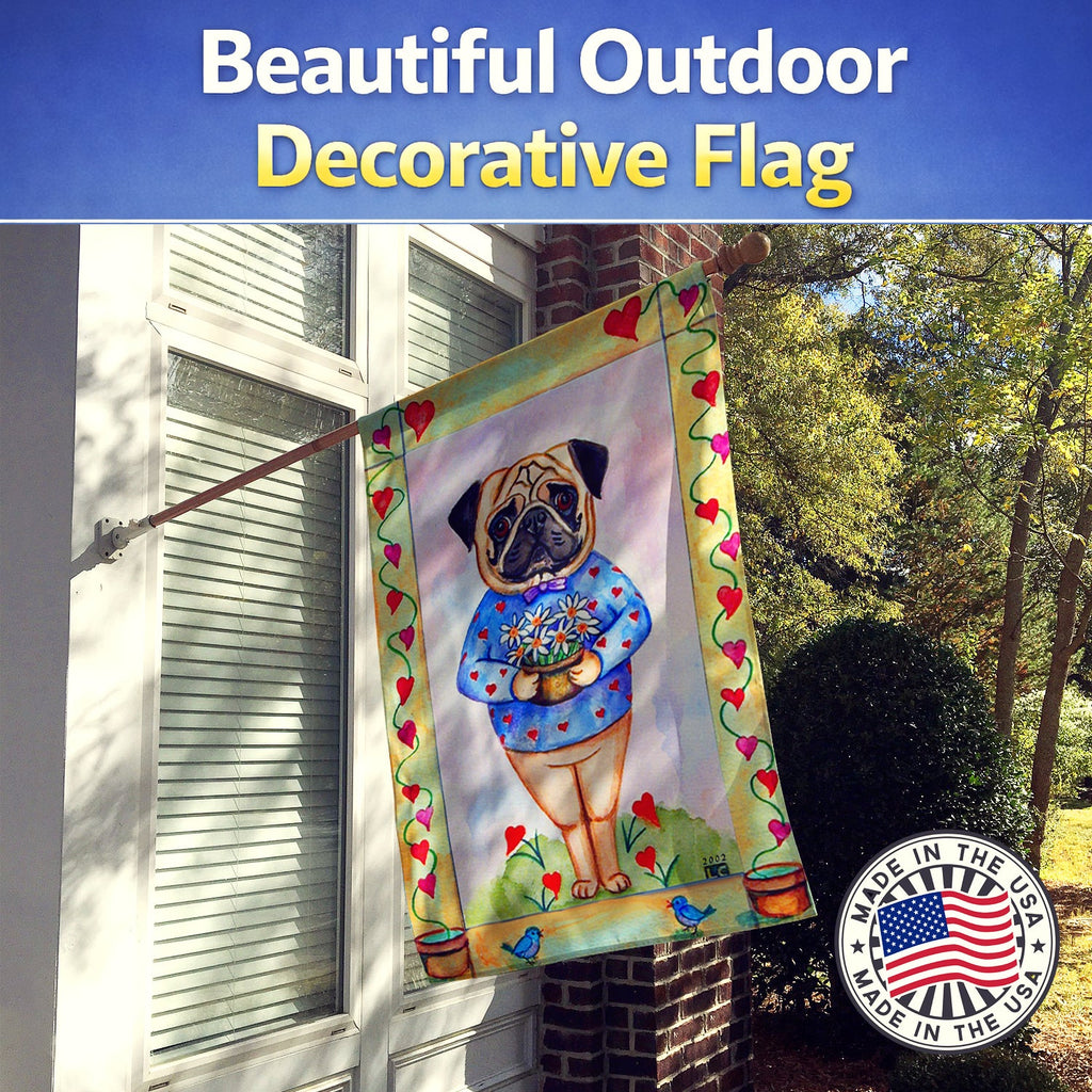Pug Valentine's Hearts House Flag 28x40 Porch Sleeve Pole Decorative Outside Yard Banner Artwork Wall Hanging, Polyester