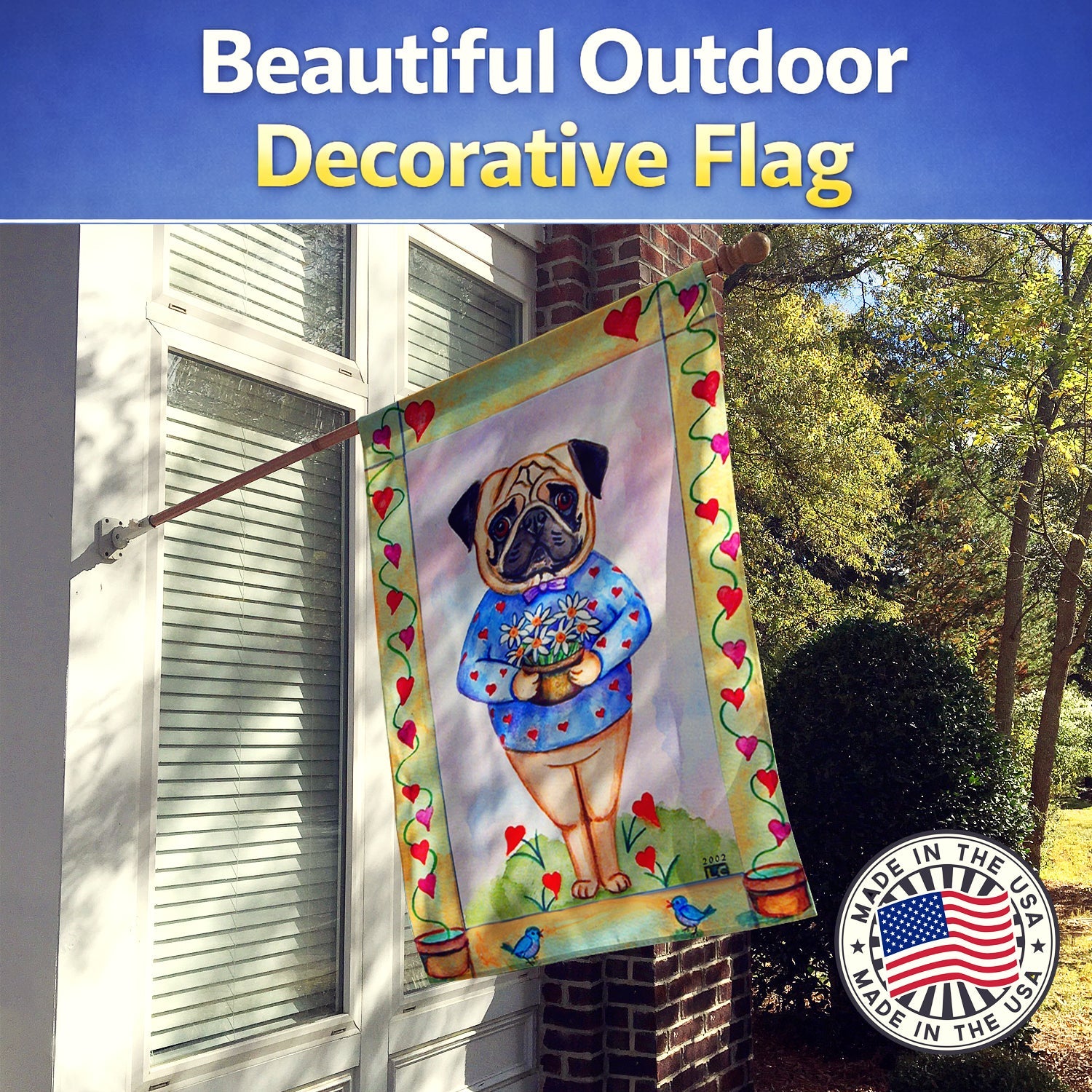 Pug Valentine's Hearts House Flag 28x40 Porch Sleeve Pole Decorative Outside Yard Banner Artwork Wall Hanging, Polyester