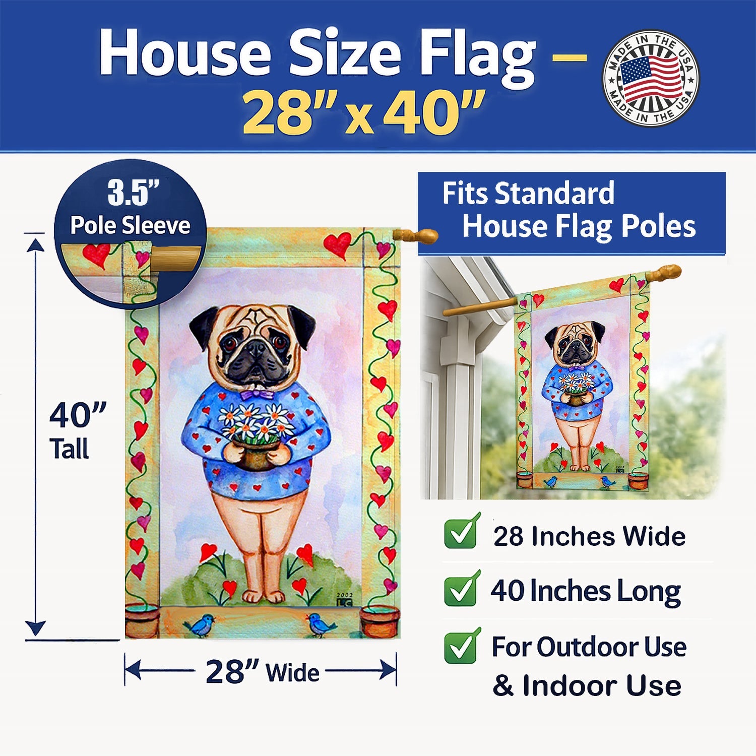 Pug Valentine's Hearts House Flag 28x40 Porch Sleeve Pole Decorative Outside Yard Banner Artwork Wall Hanging, Polyester