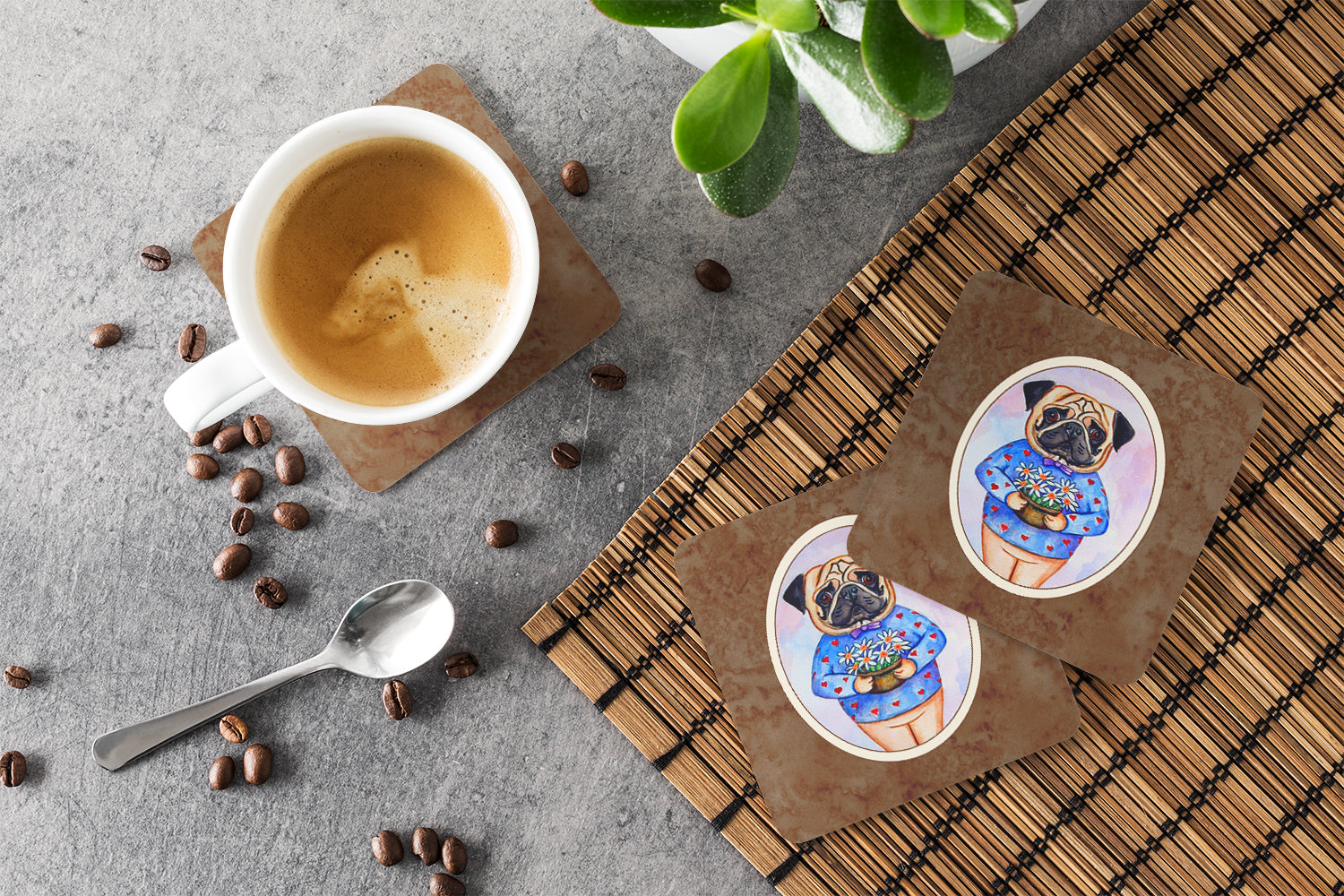 Pug Valentine's Hearts Foam Coasters Set of 4 Cup Coasters for Indoor Outdoor, Tabletop Protection, Anti Slip, Mouse pad Material