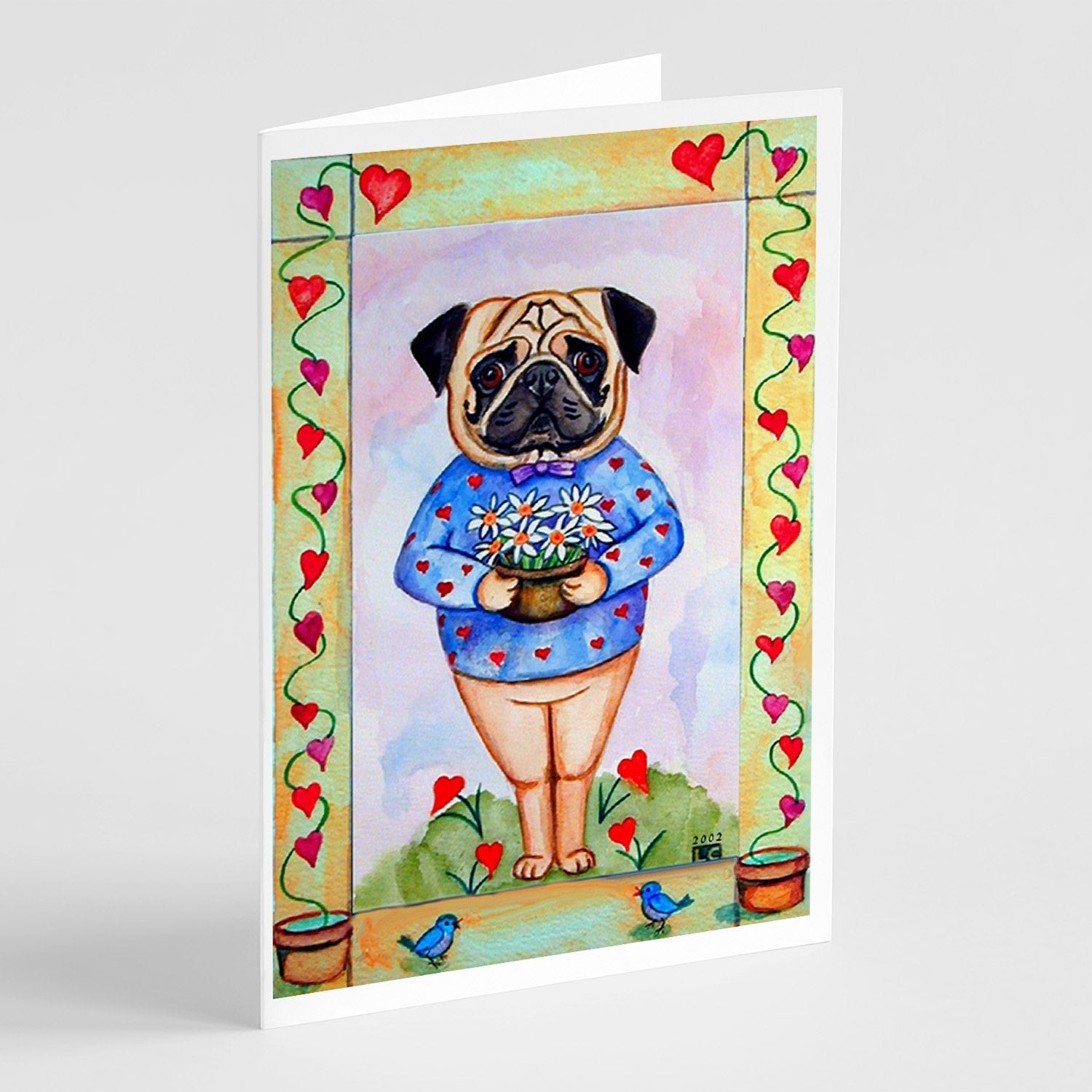Pug Valentine's Hearts Greeting Cards Pack of 8 Blank Cards with Envelopes Whimsical A7 Size 5x7
