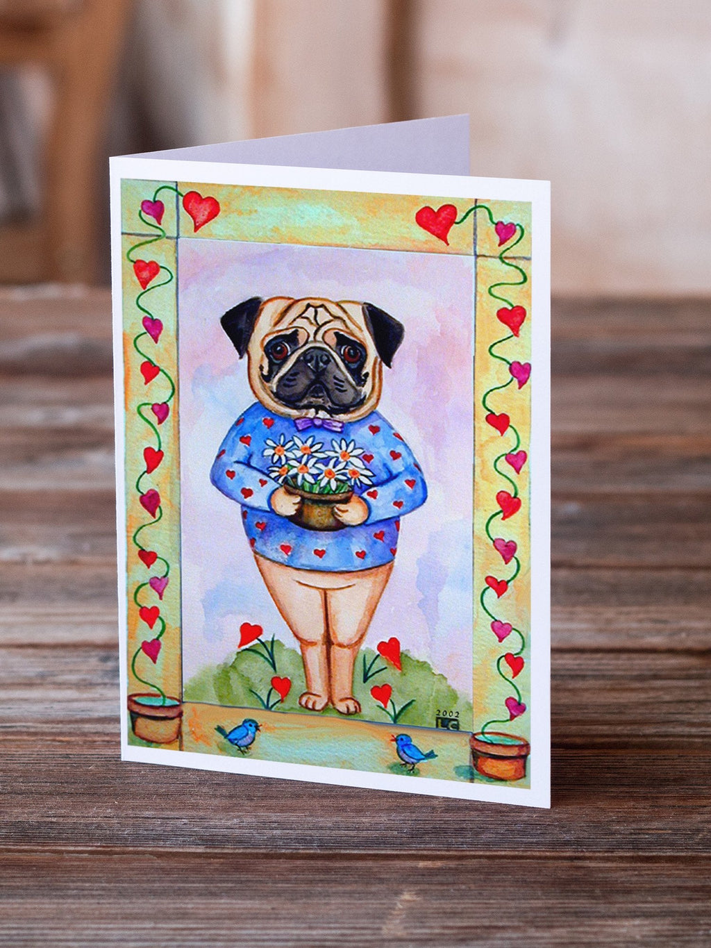 Pug Valentine's Hearts Greeting Cards Pack of 8 Blank Cards with Envelopes Whimsical A7 Size 5x7