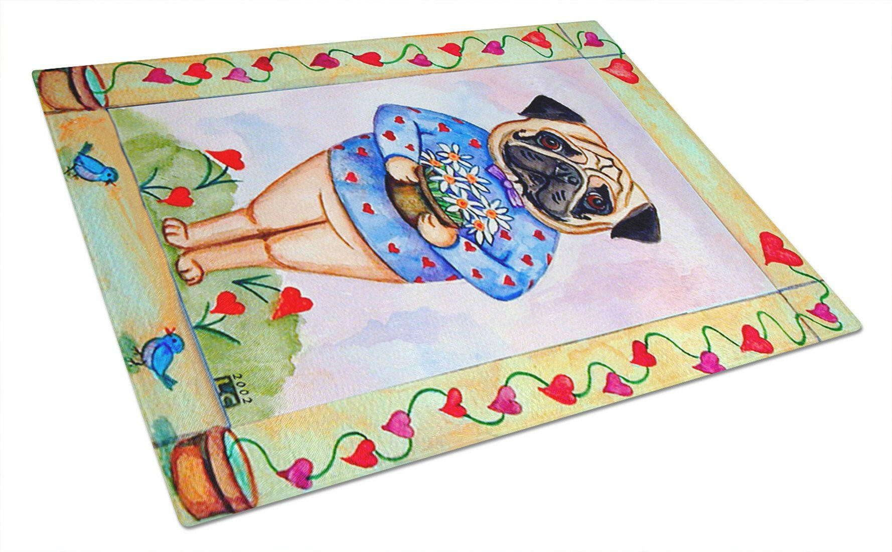 Pug Valentine's Hearts Cutting Board Tempered Glass Kitchen Cutting Surface, Heat Resistant Chopping, Non-Slip Feet, Food Prep & Serving