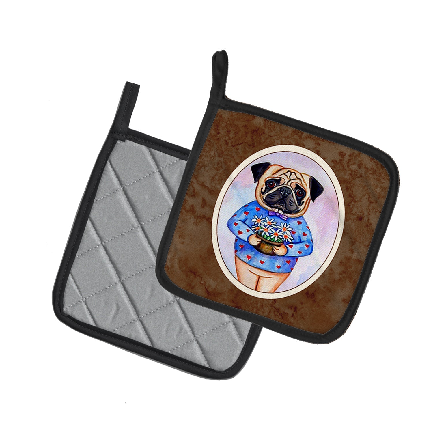 Pug Valentine's Hearts Pot Holder Set of 2 Heat Resistant Quilted Hot Pads 7.5 x 7.5 Inch, Insulated Kitchen Trivets for Cooking & Baking