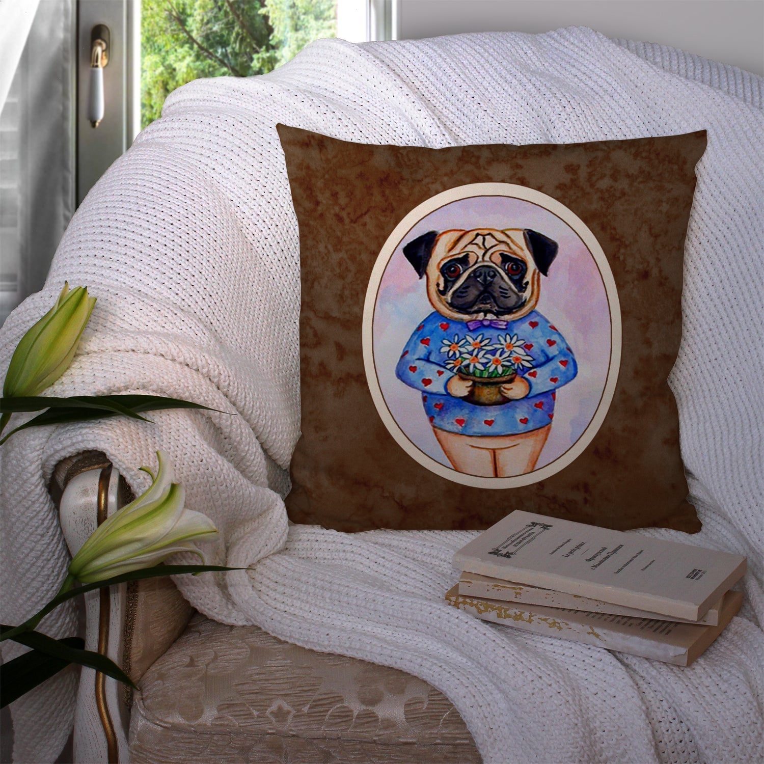 Pug Valentine's Hearts Decorative Throw Pillow 14x14 Indoor Outdoor Accent Cushion, Fabric Cover with Insert for Sofa, Bed, Porch & Living Room