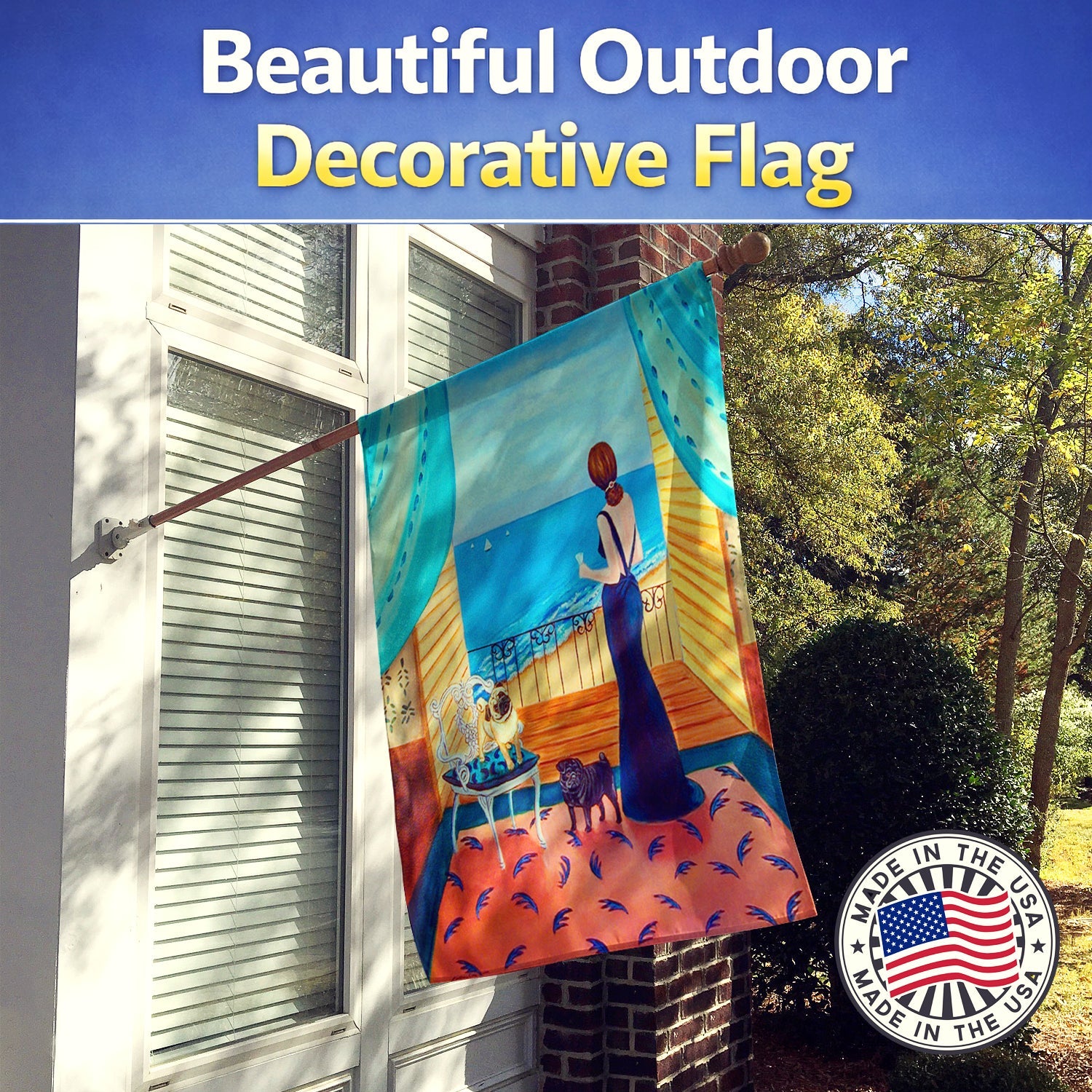 Lady with her Pug House Flag 28x40 Porch Sleeve Pole Decorative Outside Yard Banner Artwork Wall Hanging, Polyester
