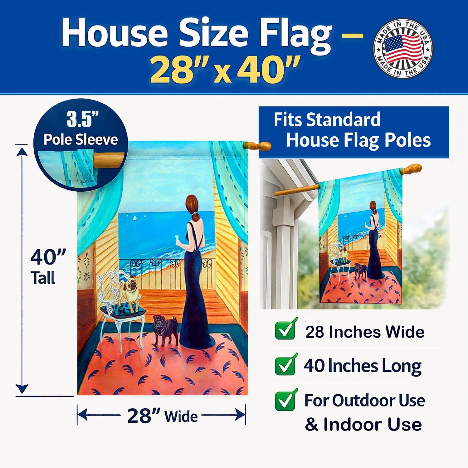 Lady with her Pug House Flag 28x40 Porch Sleeve Pole Decorative Outside Yard Banner Artwork Wall Hanging, Polyester