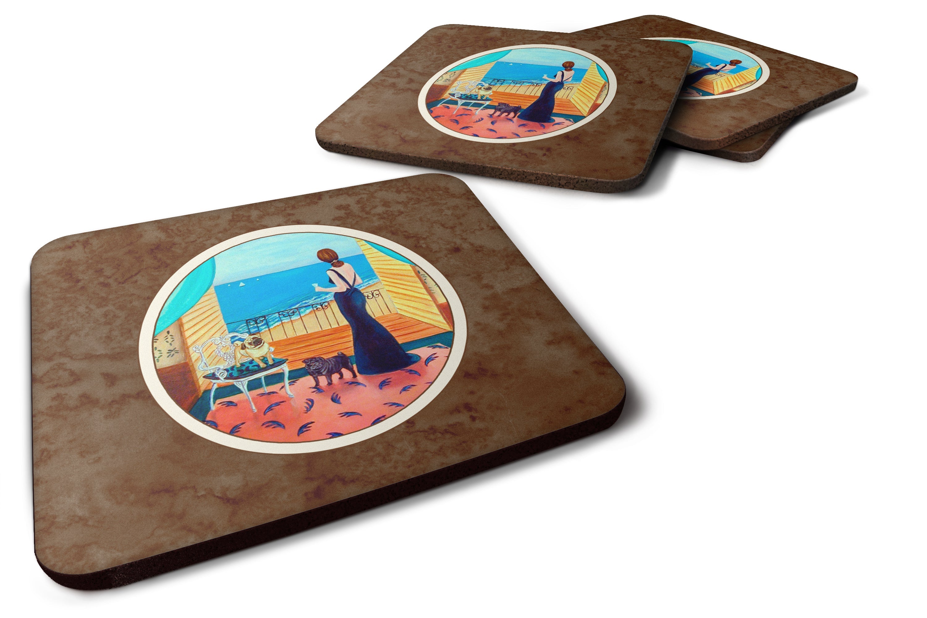 Lady with her Pug Foam Coasters Set of 4 Cup Coasters for Indoor Outdoor, Tabletop Protection, Anti Slip, Mouse pad Material