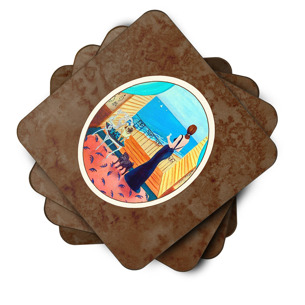 Lady with her Pug Foam Coasters Set of 4 Cup Coasters for Indoor Outdoor, Tabletop Protection, Anti Slip, Mouse pad Material