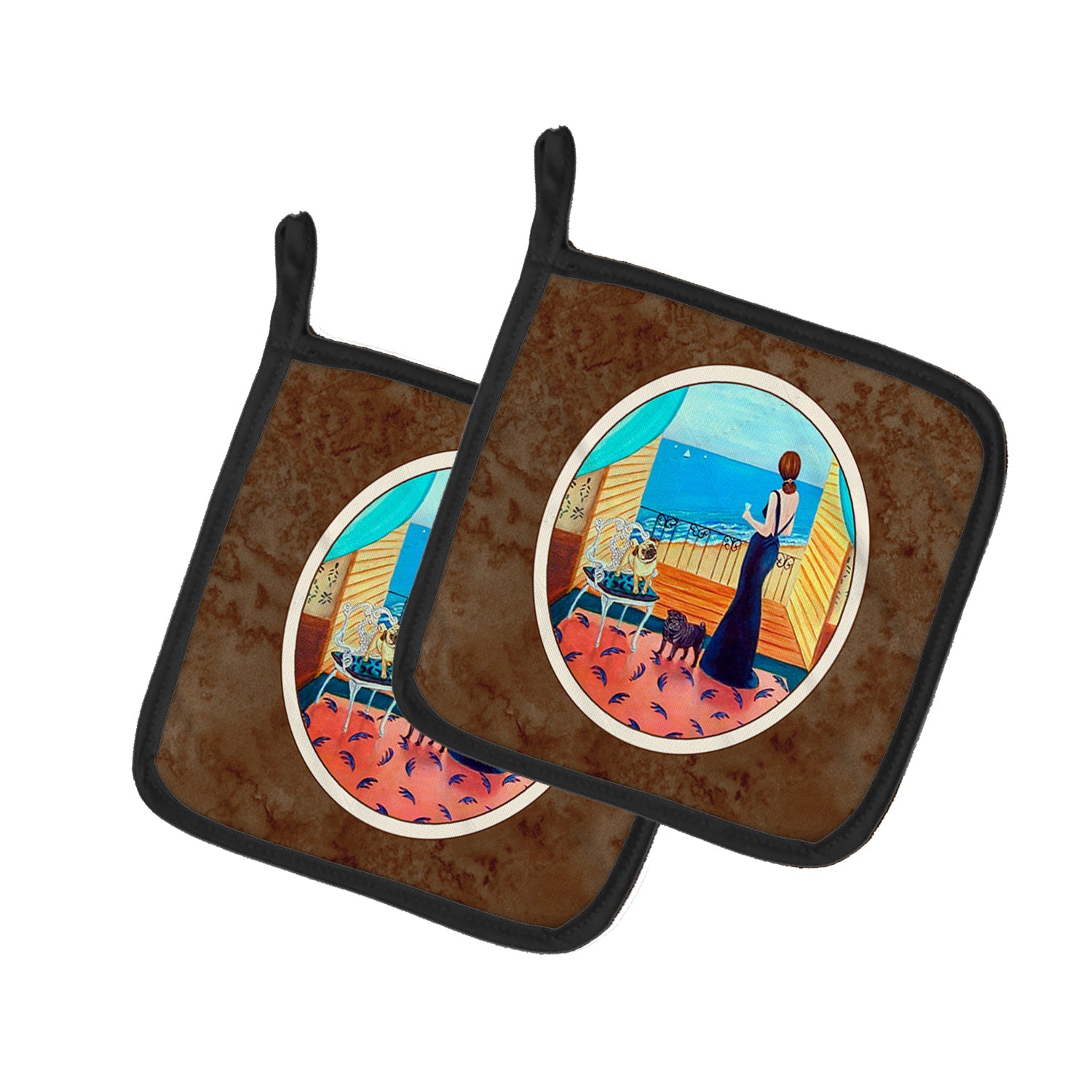 Lady with her Pug Pot Holder Set of 2 Heat Resistant Quilted Hot Pads 7.5 x 7.5 Inch, Insulated Kitchen Trivets for Cooking & Baking