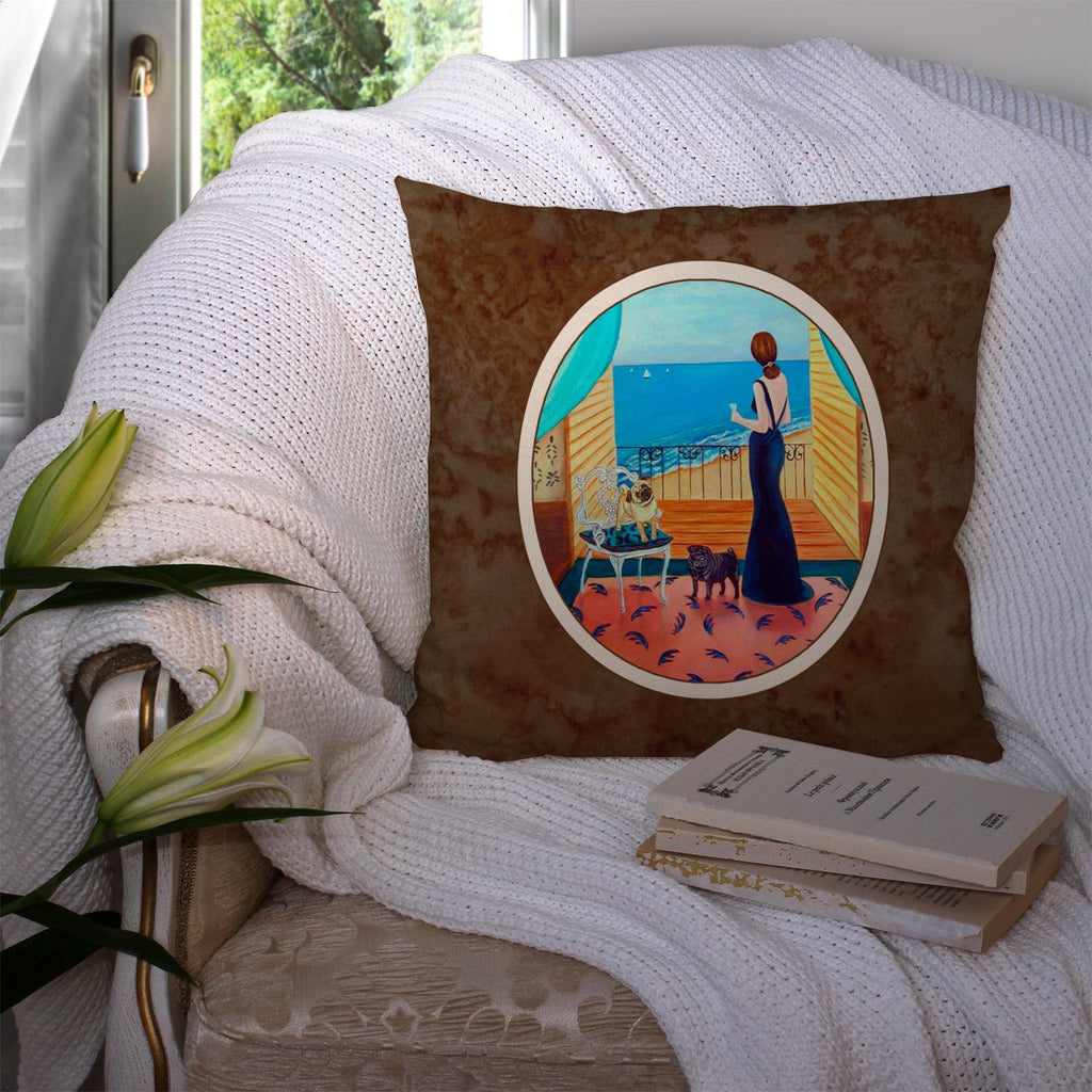 Lady with her Pug Decorative Throw Pillow 14x14 Indoor Outdoor Accent Cushion, Fabric Cover with Insert for Sofa, Bed, Porch & Living Room