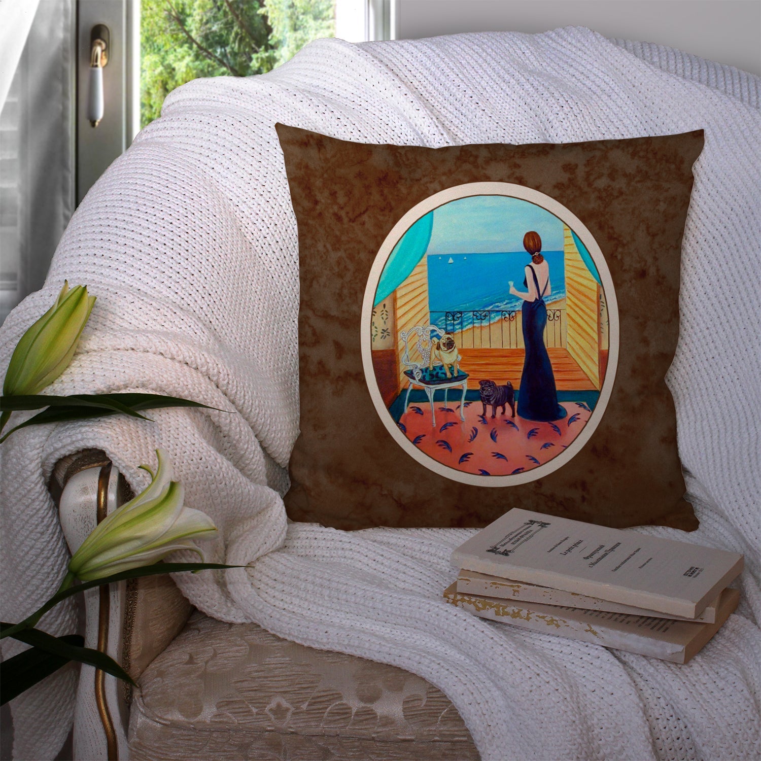 Lady with her Pug Decorative Throw Pillow 14x14 Indoor Outdoor Accent Cushion, Fabric Cover with Insert for Sofa, Bed, Porch & Living Room