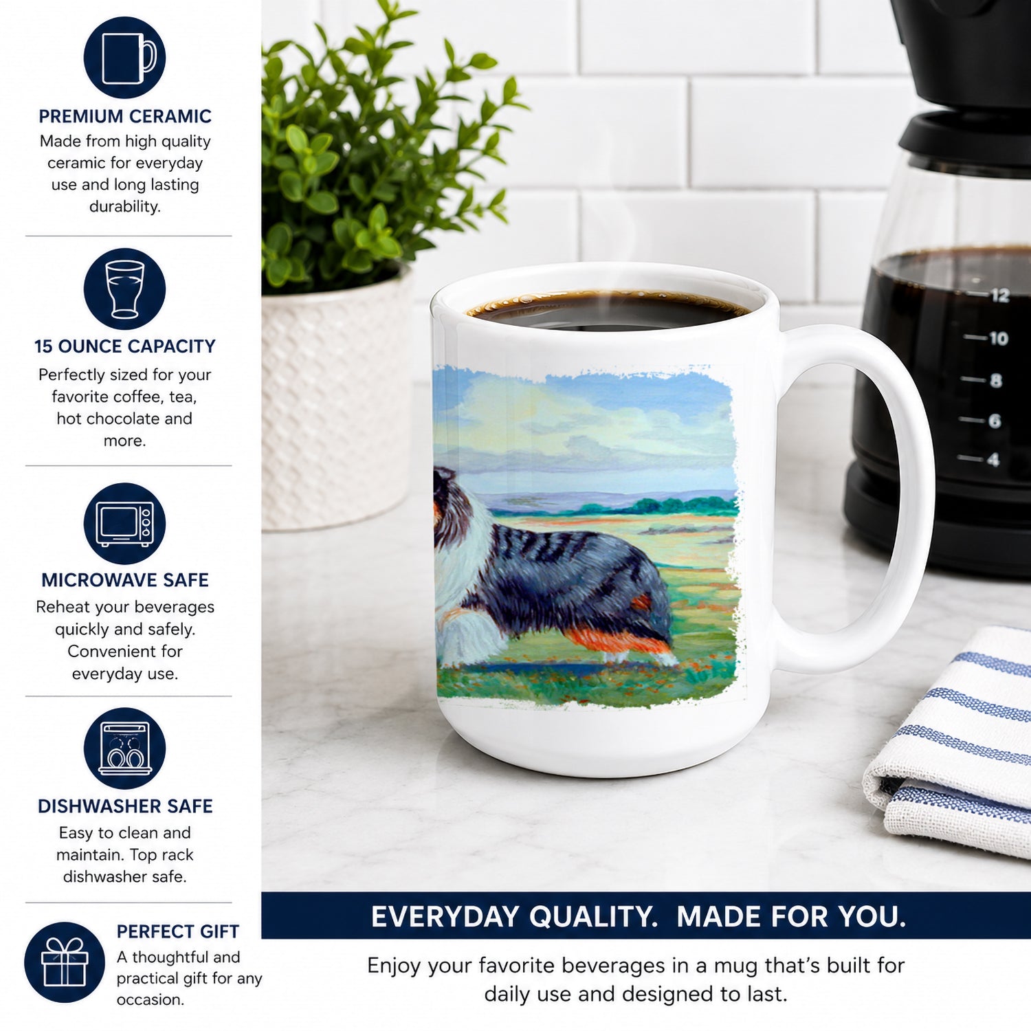 Collie Ceramic Coffee Mug 15 oz Decorative Large C Handle Mug Cup for Tea, Cocoa Hot Chocolate