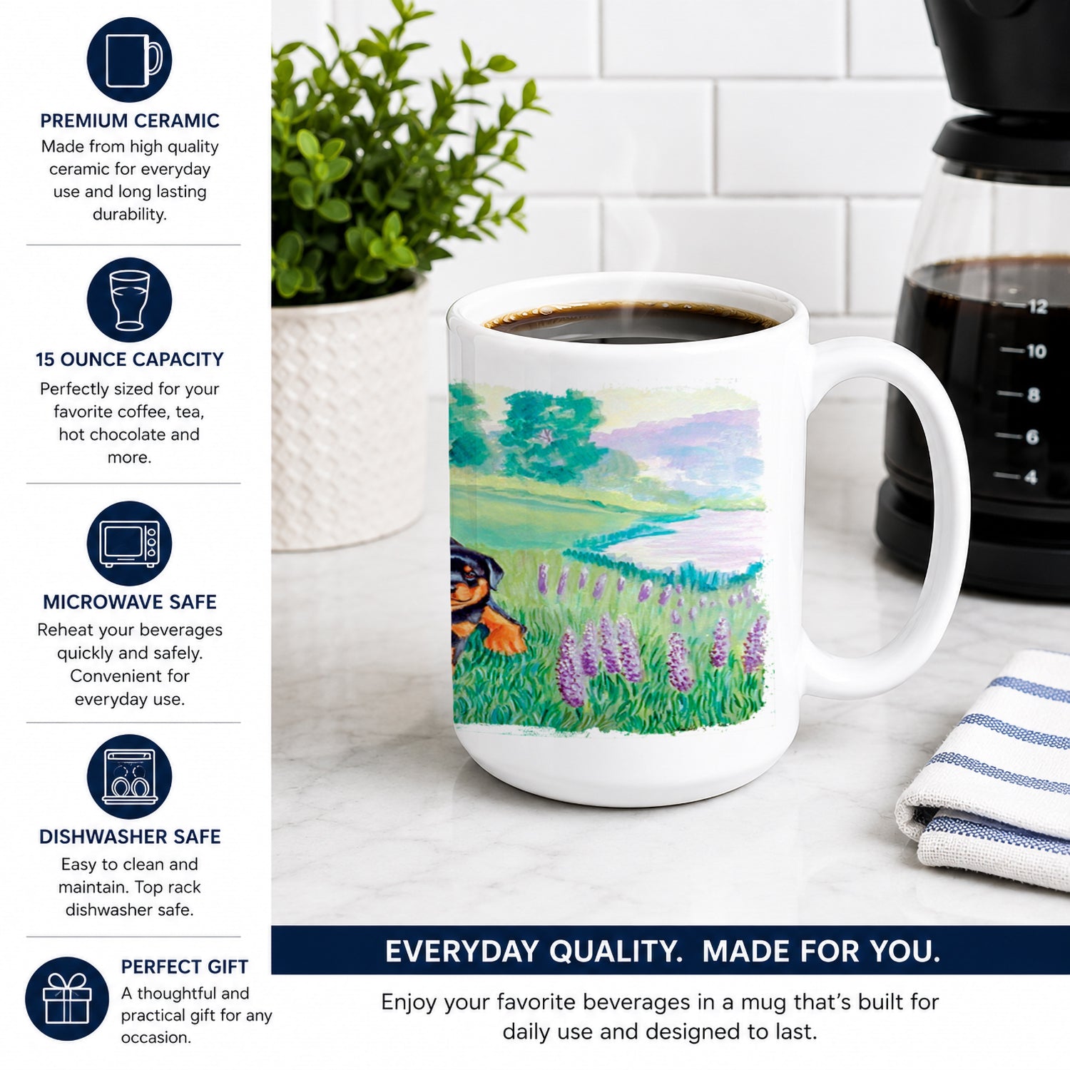 Rottweiler Ceramic Coffee Mug 15 oz Decorative Large C Handle Mug Cup for Tea, Cocoa Hot Chocolate