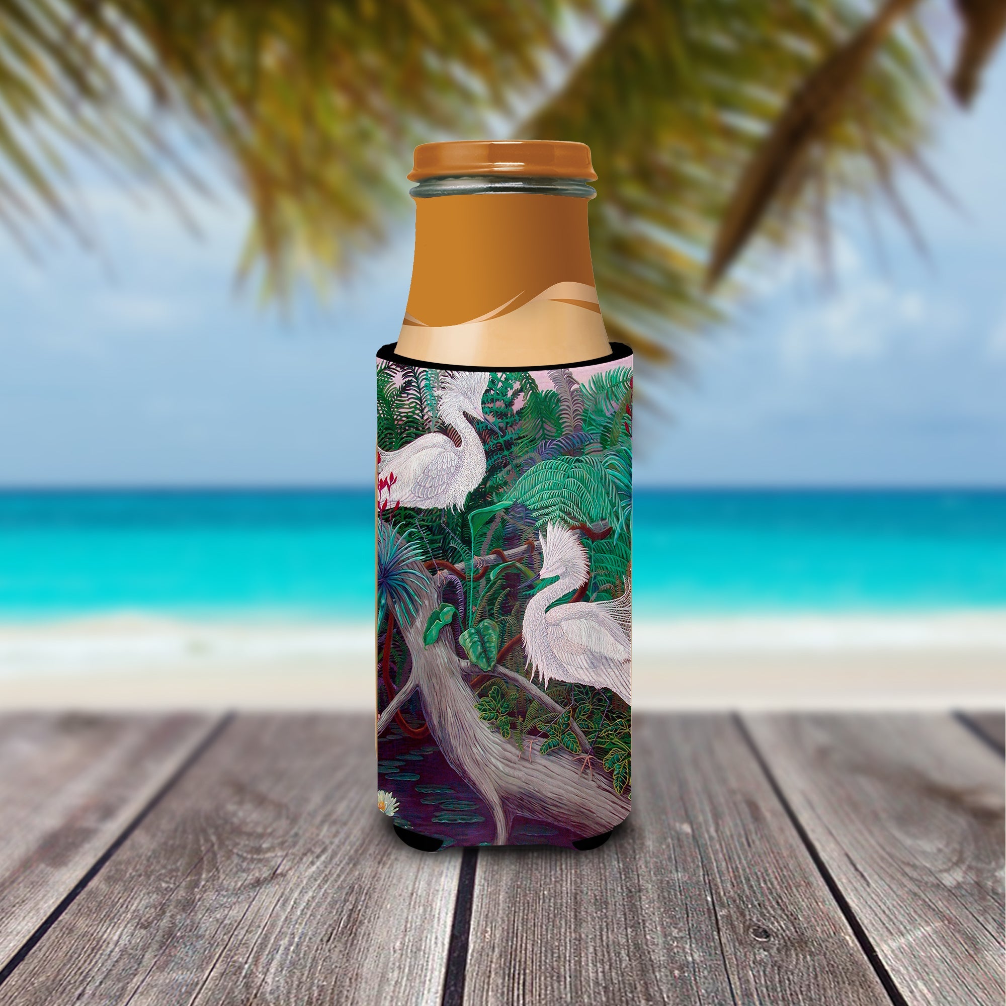 Bird - Egret Slim Can Hugger , Insulated Foam Hugger for 12 oz Slim Cans, Beer Bottles & Water Bottles, Printed in USA