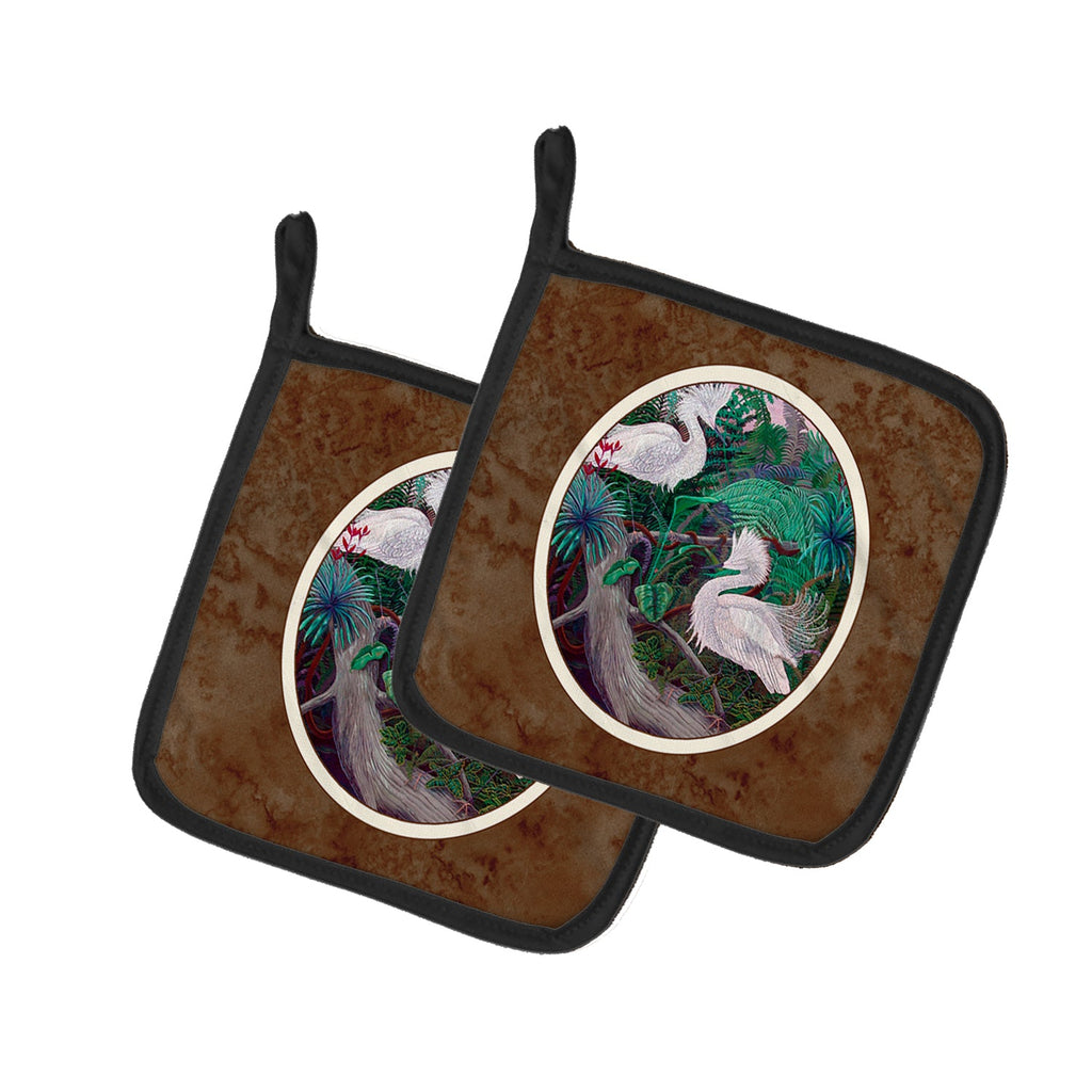 Bird - Egret Pot Holder Set of 2 Heat Resistant Quilted Hot Pads 7.5 x 7.5 Inch, Insulated Kitchen Trivets for Cooking & Baking