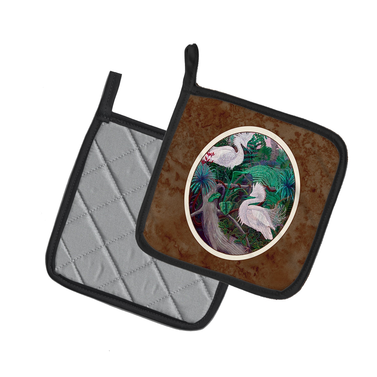 Bird - Egret Pot Holder Set of 2 Heat Resistant Quilted Hot Pads 7.5 x 7.5 Inch, Insulated Kitchen Trivets for Cooking & Baking