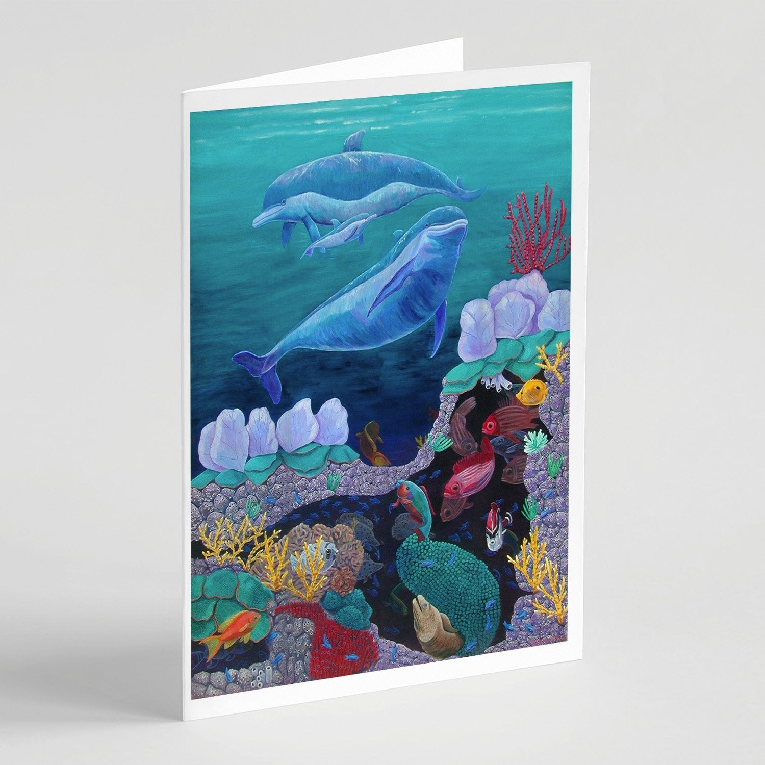 Dolphin Familty Swimming Greeting Cards Pack of 8 Blank Cards with Envelopes Whimsical A7 Size 5x7