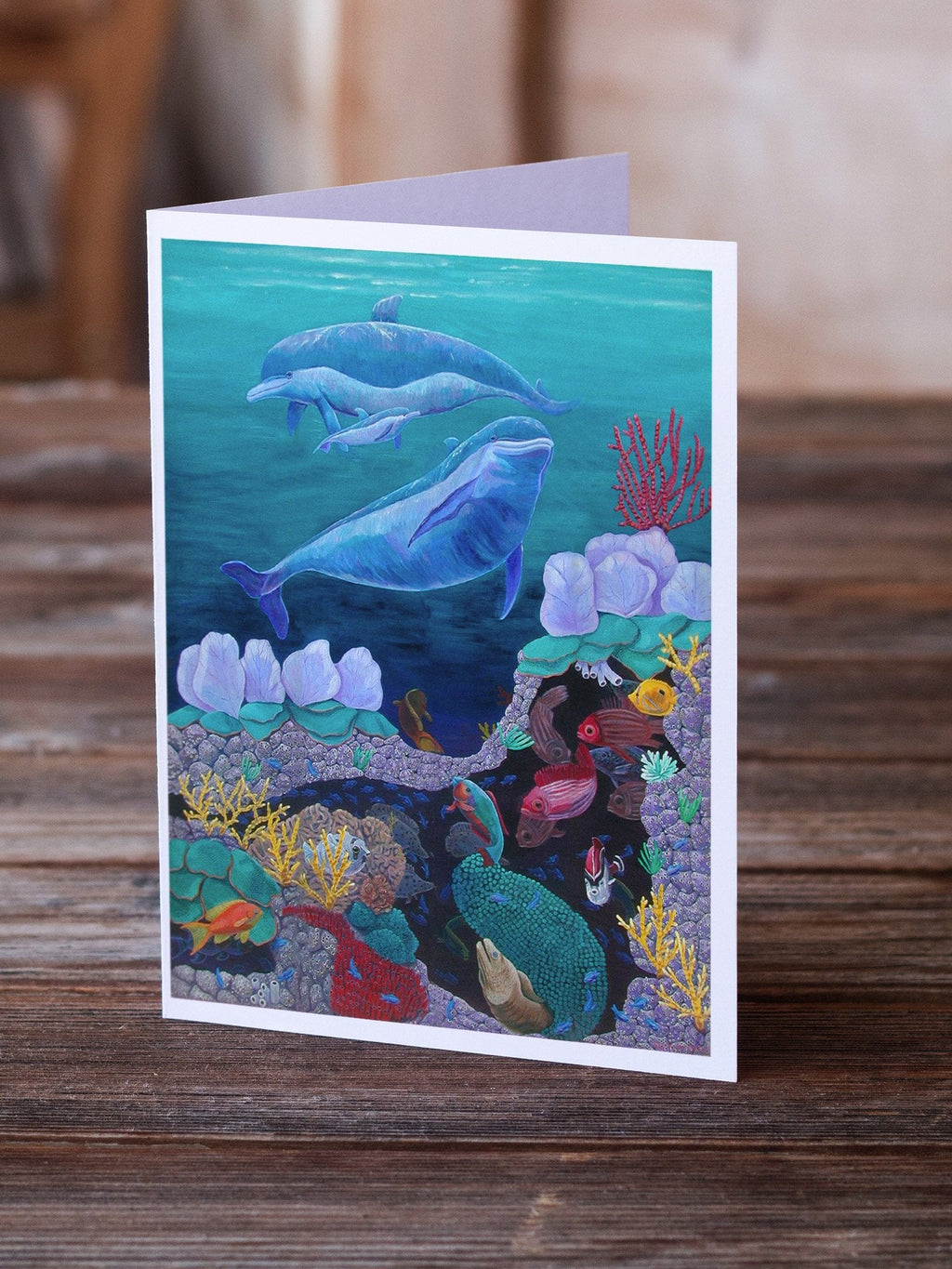 Dolphin Familty Swimming Greeting Cards Pack of 8 Blank Cards with Envelopes Whimsical A7 Size 5x7