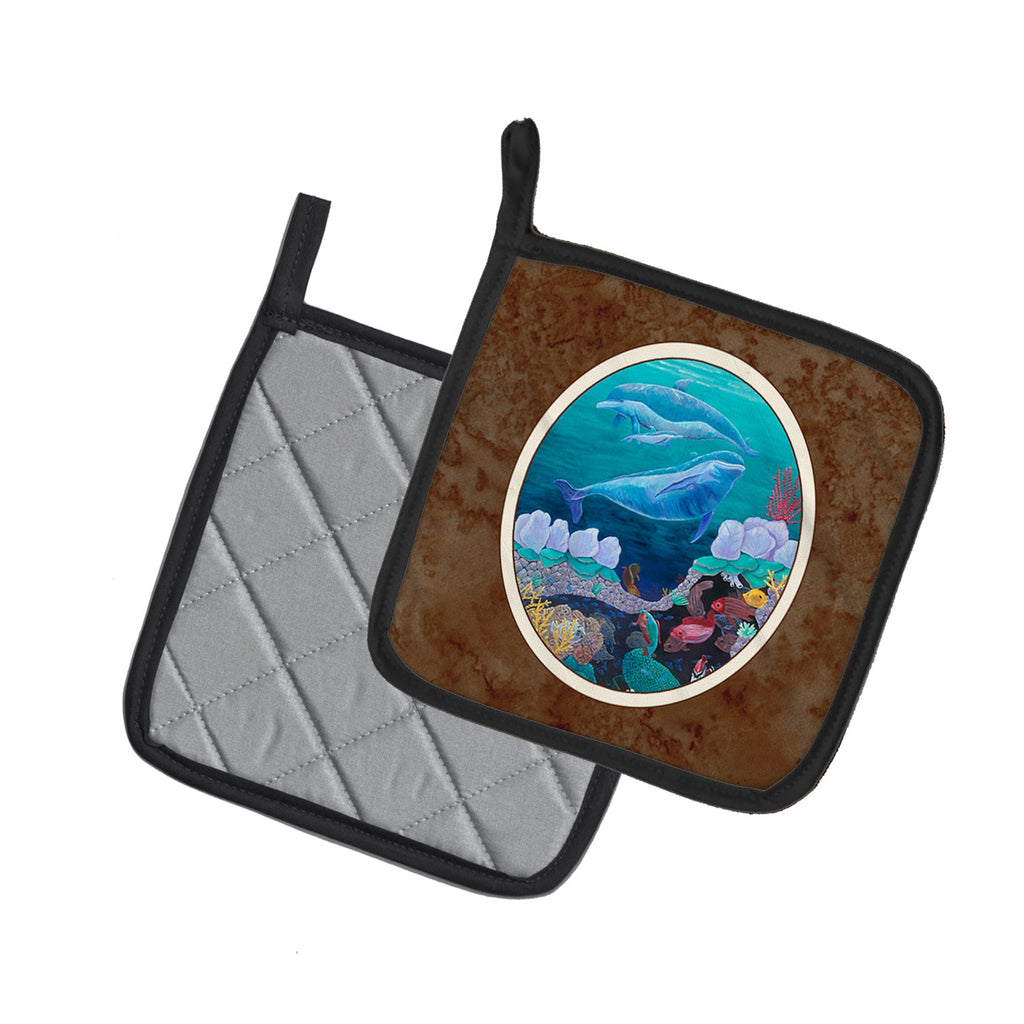 Dolphin Familty Swimming Pot Holder Set of 2 Heat Resistant Quilted Hot Pads 7.5 x 7.5 Inch, Insulated Kitchen Trivets for Cooking & Baking