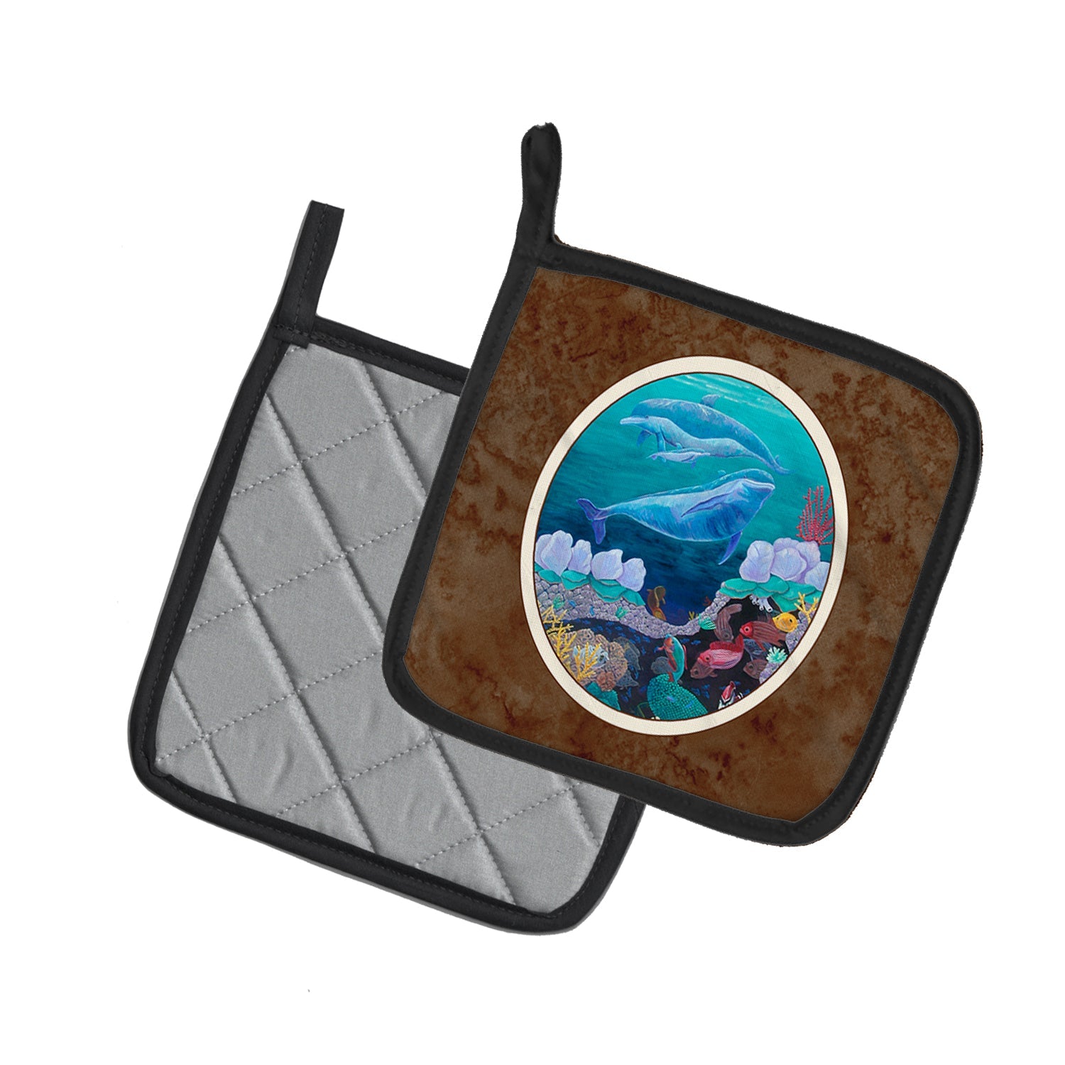 Dolphin Familty Swimming Pot Holder Set of 2 Heat Resistant Quilted Hot Pads 7.5 x 7.5 Inch, Insulated Kitchen Trivets for Cooking & Baking