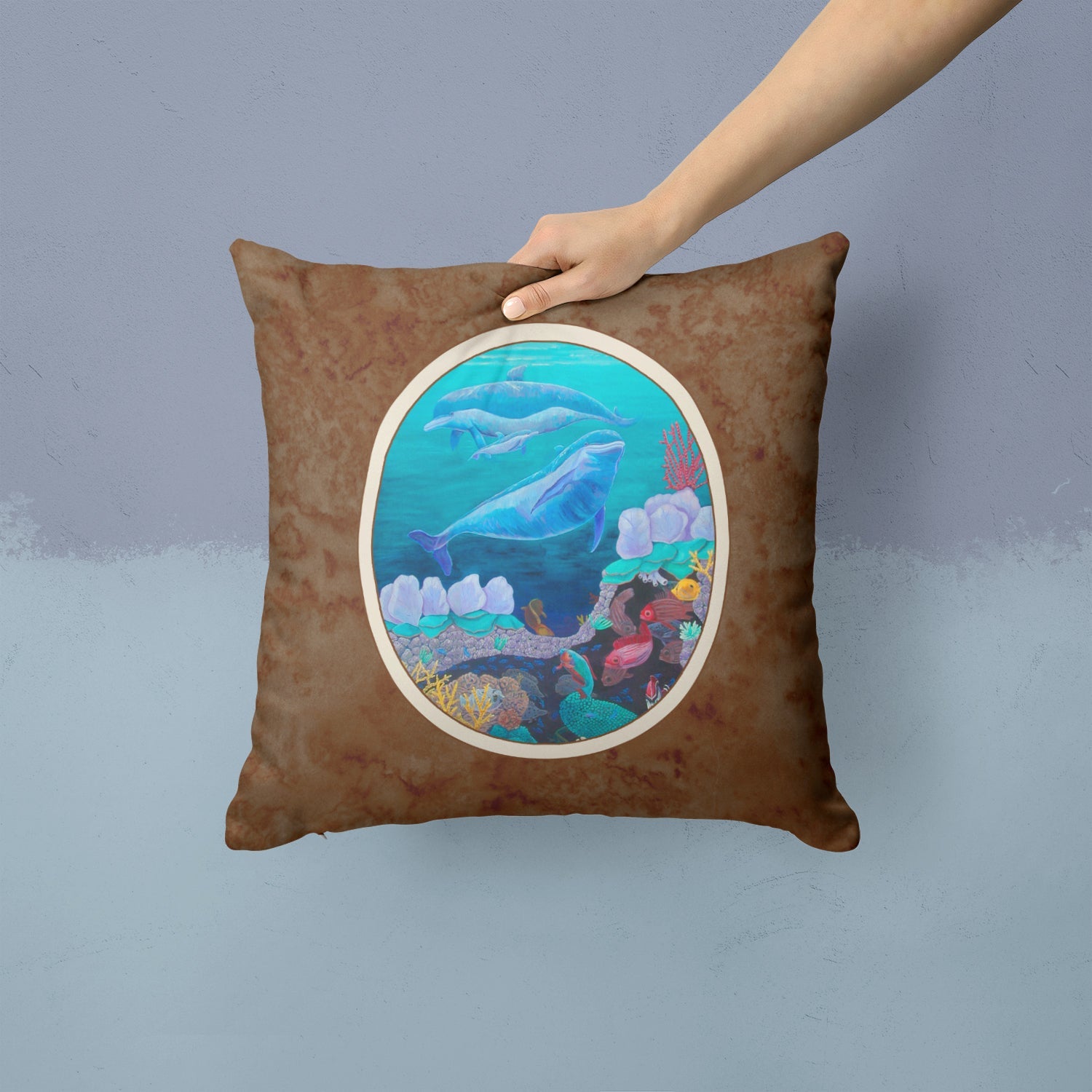 Dolphin Familty Swimming Decorative Throw Pillow 14x14 Indoor Outdoor Accent Cushion, Fabric Cover with Insert for Sofa, Bed, Porch & Living Room