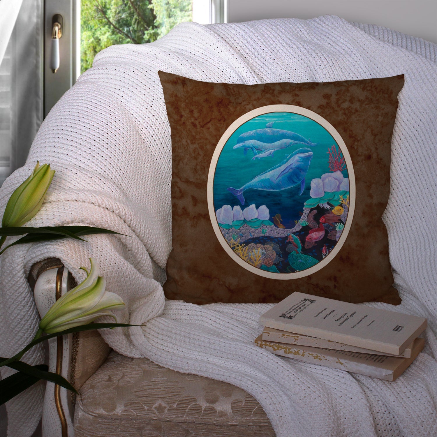 Dolphin Familty Swimming Decorative Throw Pillow 14x14 Indoor Outdoor Accent Cushion, Fabric Cover with Insert for Sofa, Bed, Porch & Living Room
