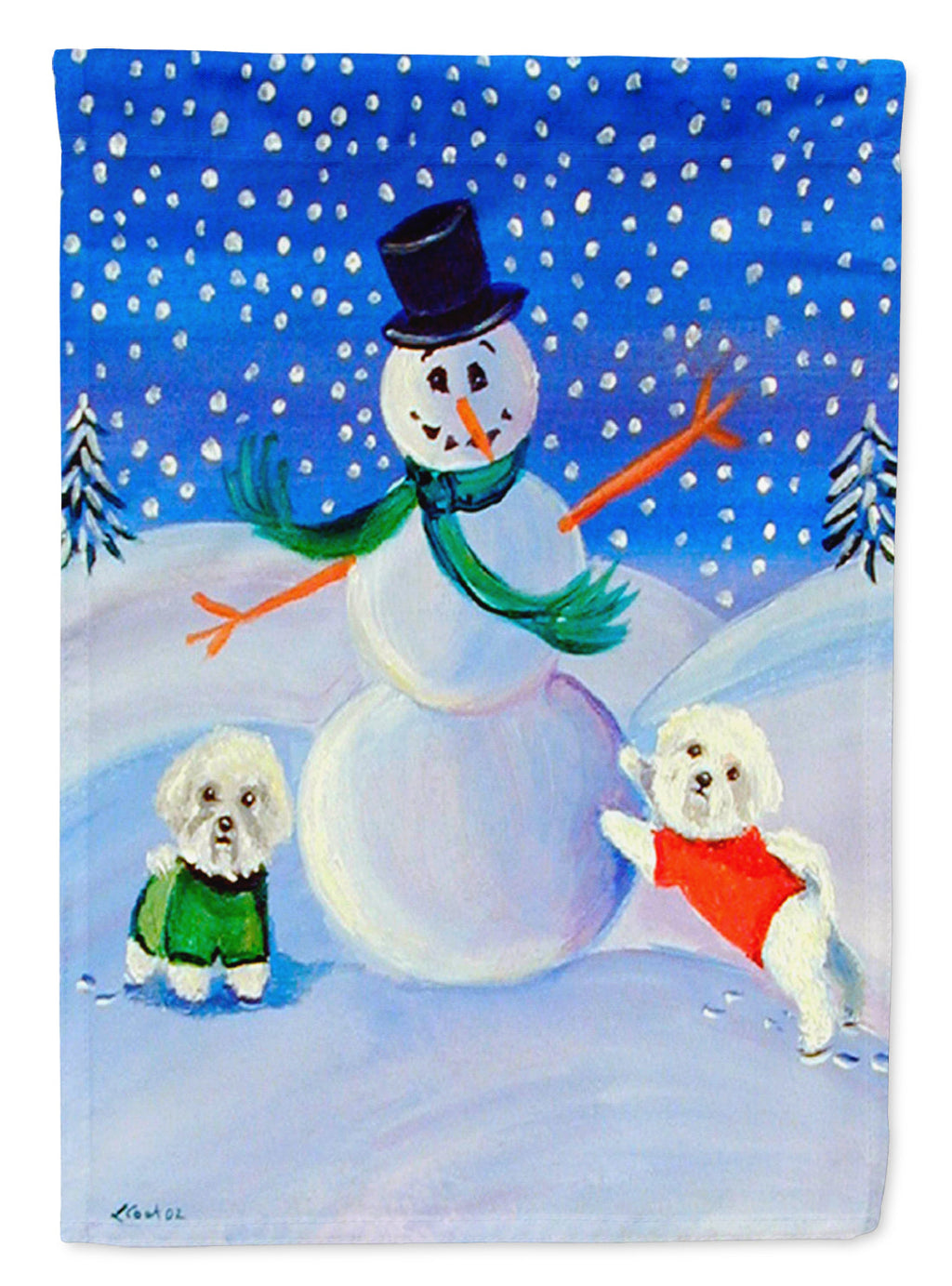 Snowman Bichon Frise House Flag 28x40 Porch Sleeve Pole Decorative Outside Yard Banner Artwork Wall Hanging, Polyester