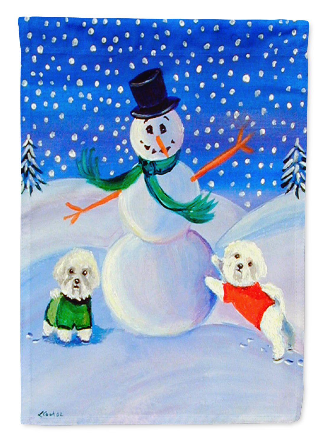 Snowman Bichon Frise House Flag 28x40 Porch Sleeve Pole Decorative Outside Yard Banner Artwork Wall Hanging, Polyester
