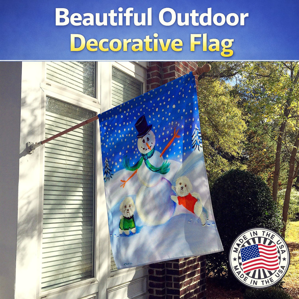 Snowman Bichon Frise House Flag 28x40 Porch Sleeve Pole Decorative Outside Yard Banner Artwork Wall Hanging, Polyester