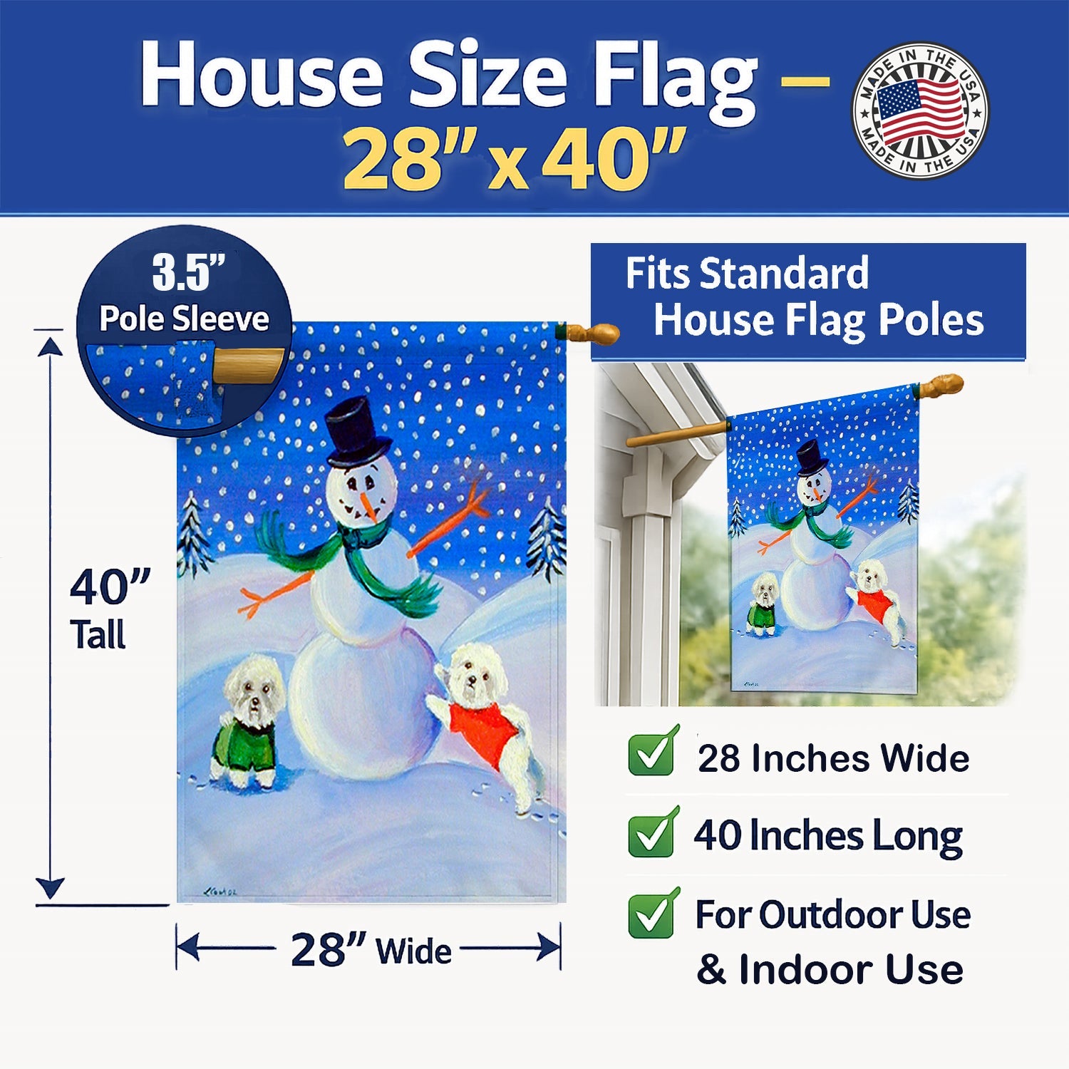 Snowman Bichon Frise House Flag 28x40 Porch Sleeve Pole Decorative Outside Yard Banner Artwork Wall Hanging, Polyester