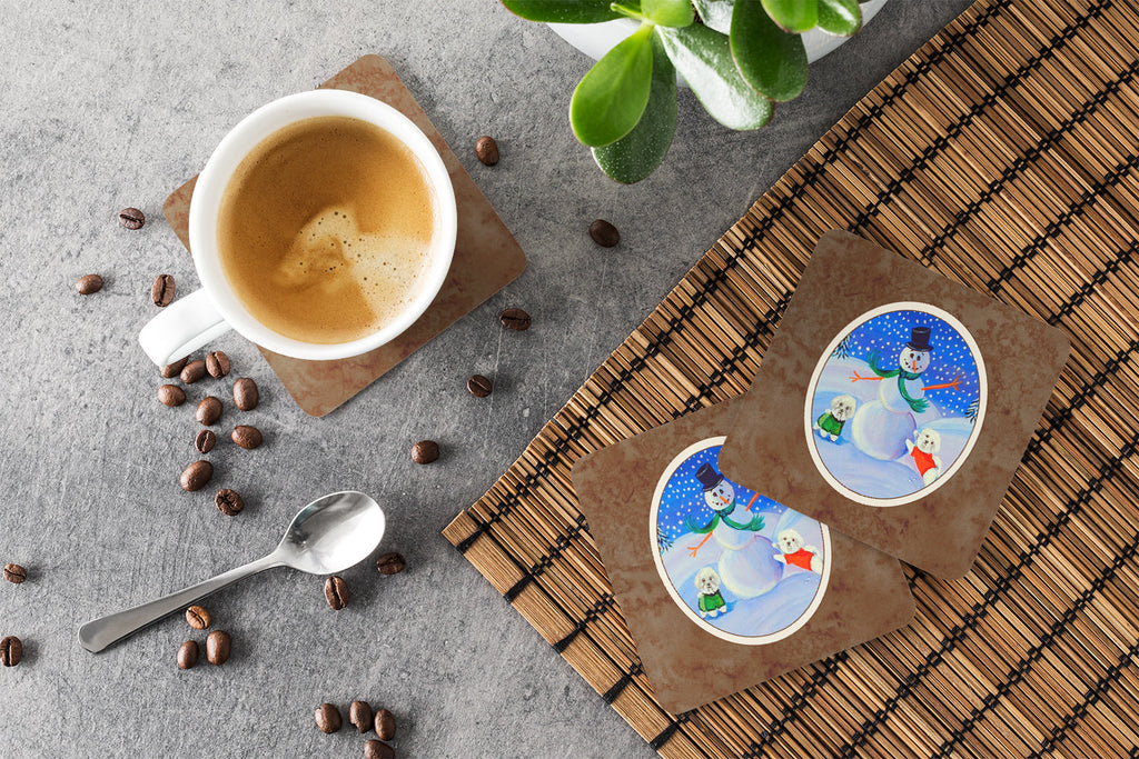 Snowman Bichon Frise Foam Coasters Set of 4 Cup Coasters for Indoor Outdoor, Tabletop Protection, Anti Slip, Mouse pad Material