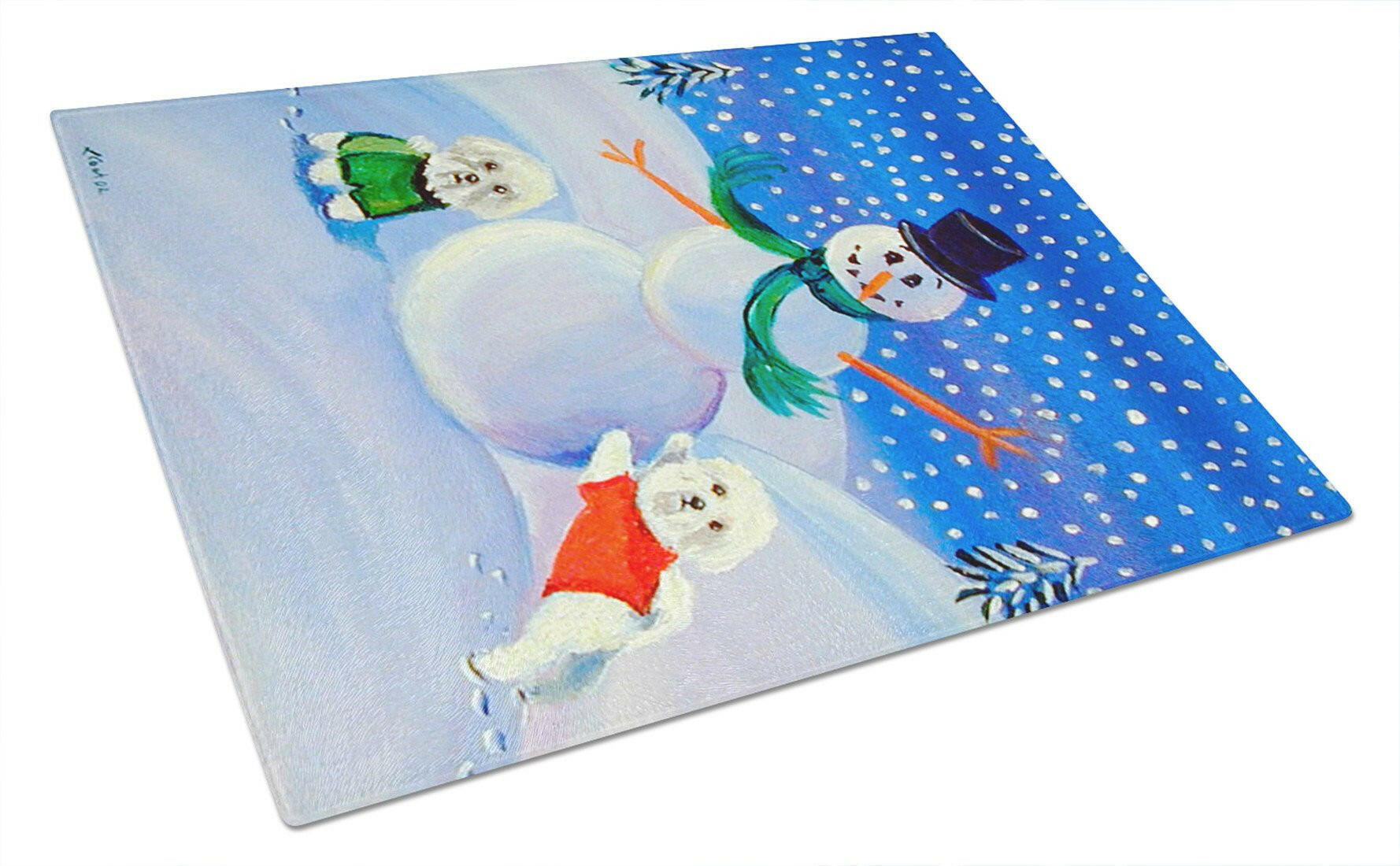 Snowman Bichon Frise Cutting Board Tempered Glass Kitchen Cutting Surface, Heat Resistant Chopping, Non-Slip Feet, Food Prep & Serving