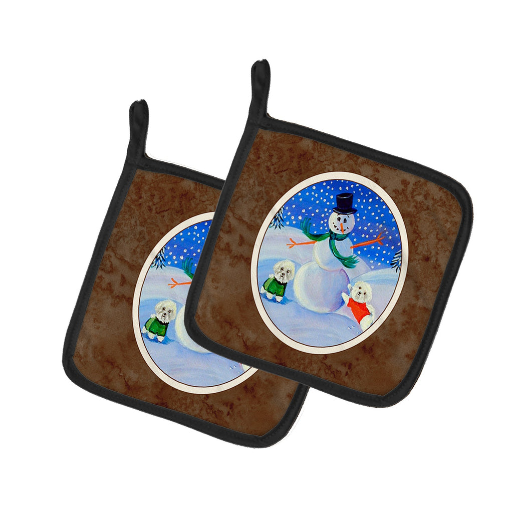 Snowman Bichon Frise Pot Holder Set of 2 Heat Resistant Quilted Hot Pads 7.5 x 7.5 Inch, Insulated Kitchen Trivets for Cooking & Baking