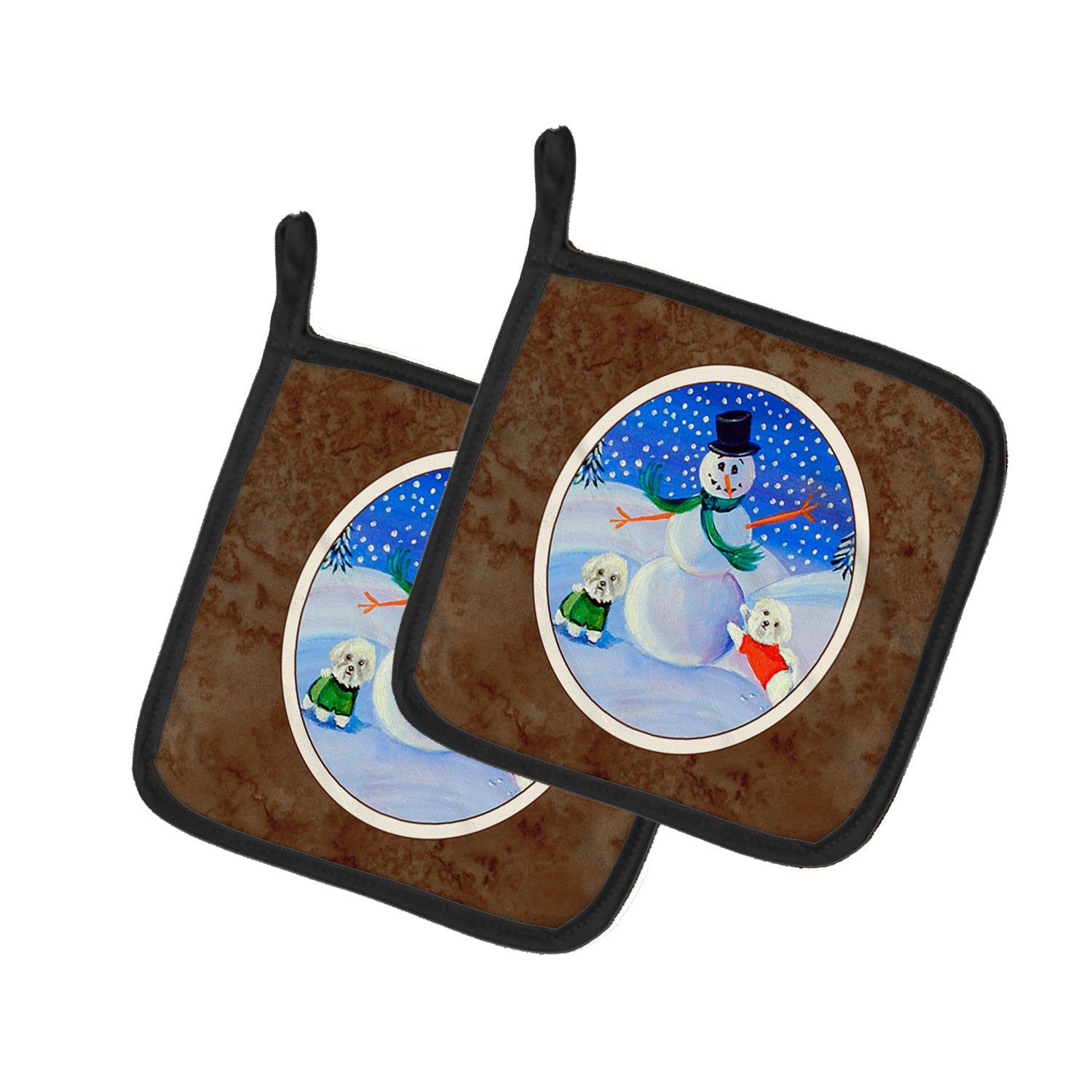 Snowman Bichon Frise Pot Holder Set of 2 Heat Resistant Quilted Hot Pads 7.5 x 7.5 Inch, Insulated Kitchen Trivets for Cooking & Baking
