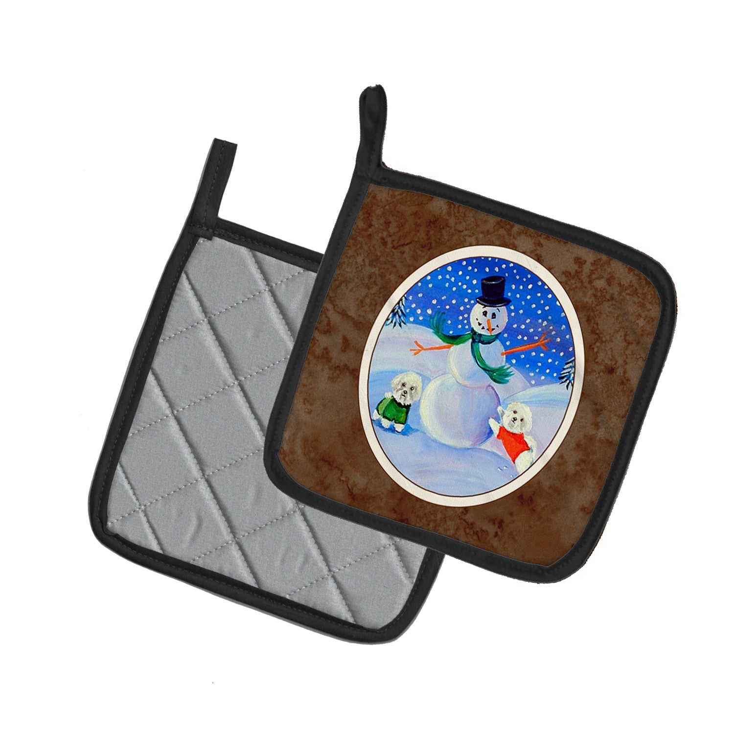 Snowman Bichon Frise Pot Holder Set of 2 Heat Resistant Quilted Hot Pads 7.5 x 7.5 Inch, Insulated Kitchen Trivets for Cooking & Baking