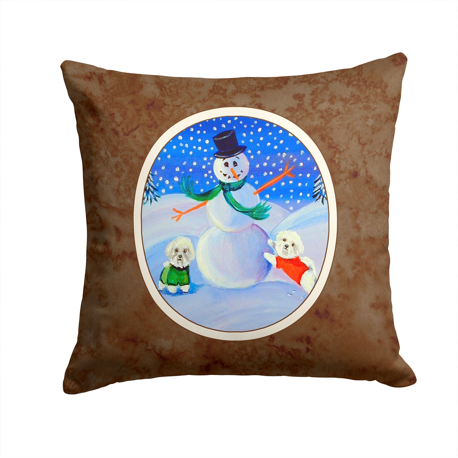 Snowman Bichon Frise Decorative Throw Pillow 14x14 Indoor Outdoor Accent Cushion, Fabric Cover with Insert for Sofa, Bed, Porch & Living Room