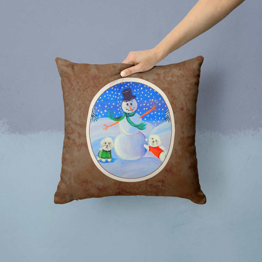 Snowman Bichon Frise Decorative Throw Pillow 14x14 Indoor Outdoor Accent Cushion, Fabric Cover with Insert for Sofa, Bed, Porch & Living Room