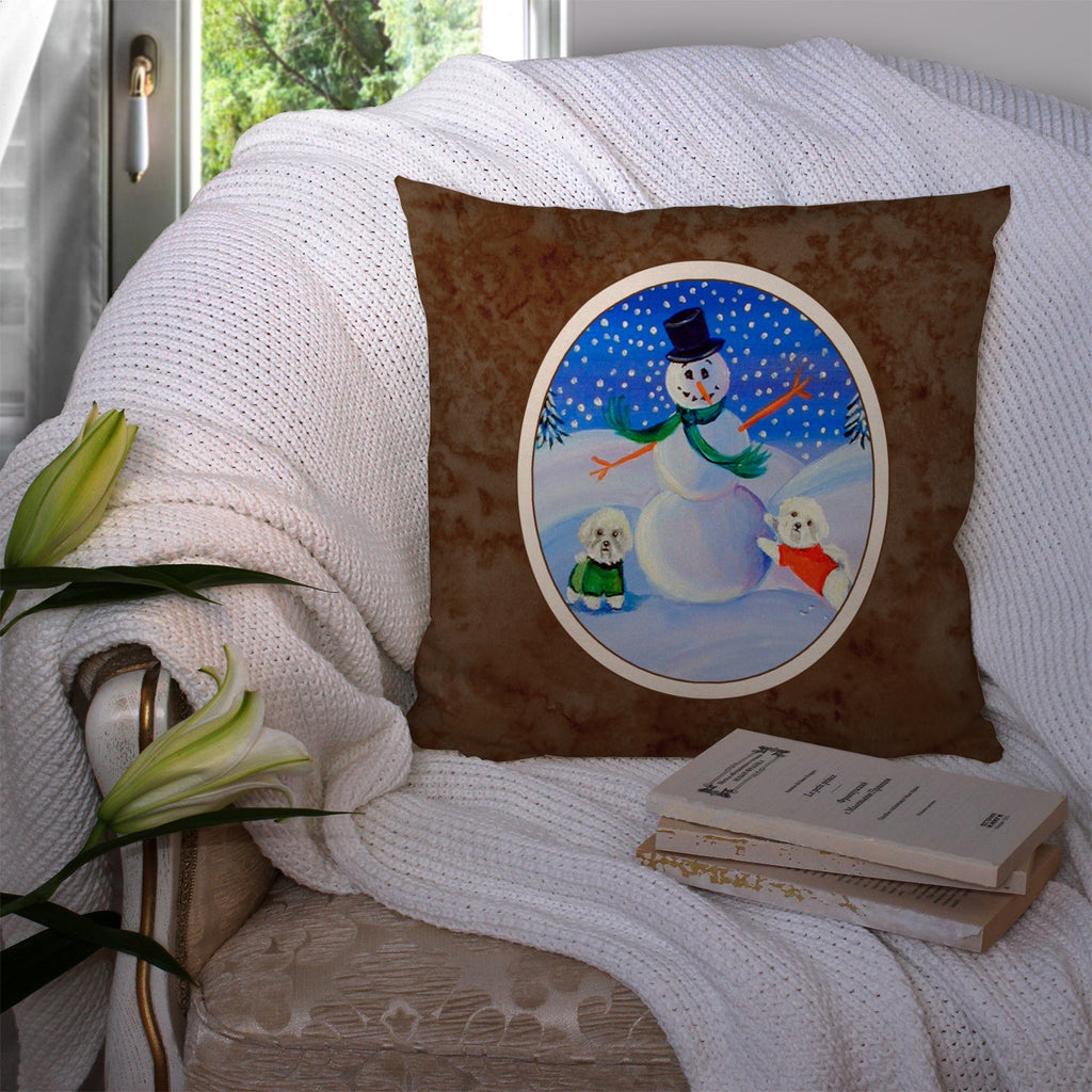 Snowman Bichon Frise Decorative Throw Pillow 14x14 Indoor Outdoor Accent Cushion, Fabric Cover with Insert for Sofa, Bed, Porch & Living Room