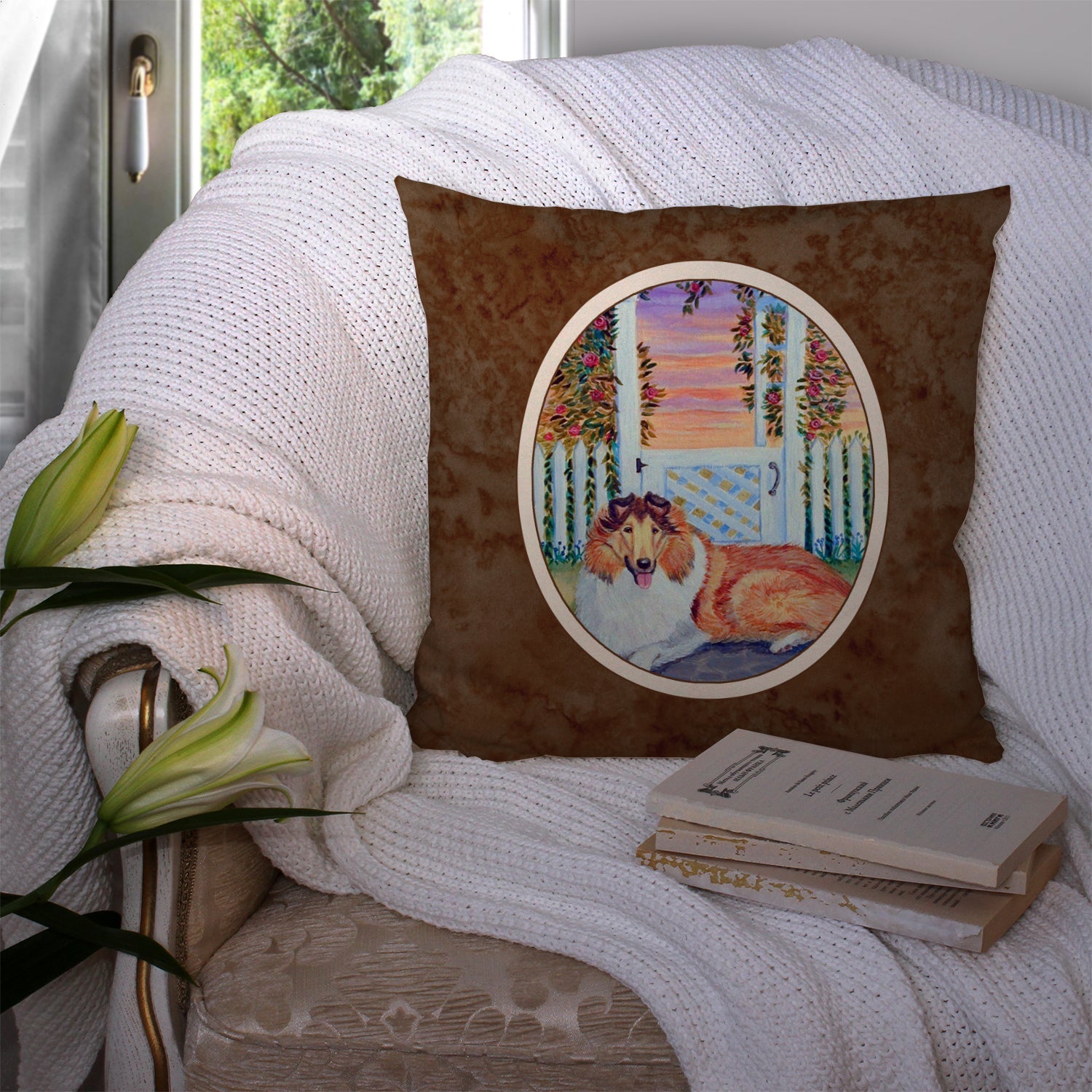 Collie Decorative Throw Pillow 14x14 Indoor Outdoor Accent Cushion, Fabric Cover with Insert for Sofa, Bed, Porch & Living Room