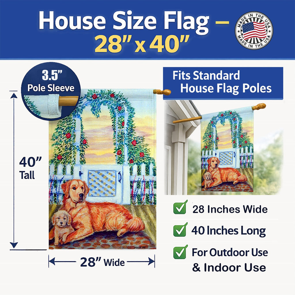 Golden Retriever and puppy at the fence House Flag 28x40 Porch Sleeve Pole Decorative Outside Yard Banner Artwork Wall Hanging, Polyester