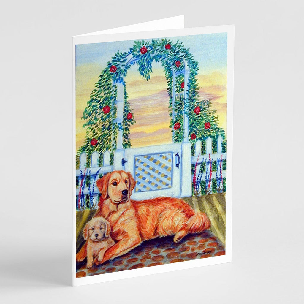 Golden Retriever and puppy at the fence Greeting Cards Pack of 8 Blank Cards with Envelopes Whimsical A7 Size 5x7