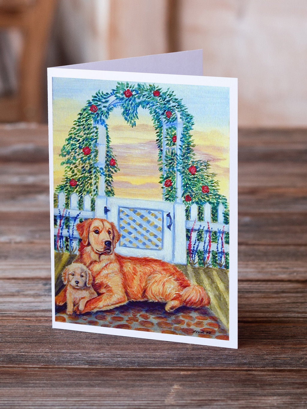 Golden Retriever and puppy at the fence Greeting Cards Pack of 8 Blank Cards with Envelopes Whimsical A7 Size 5x7