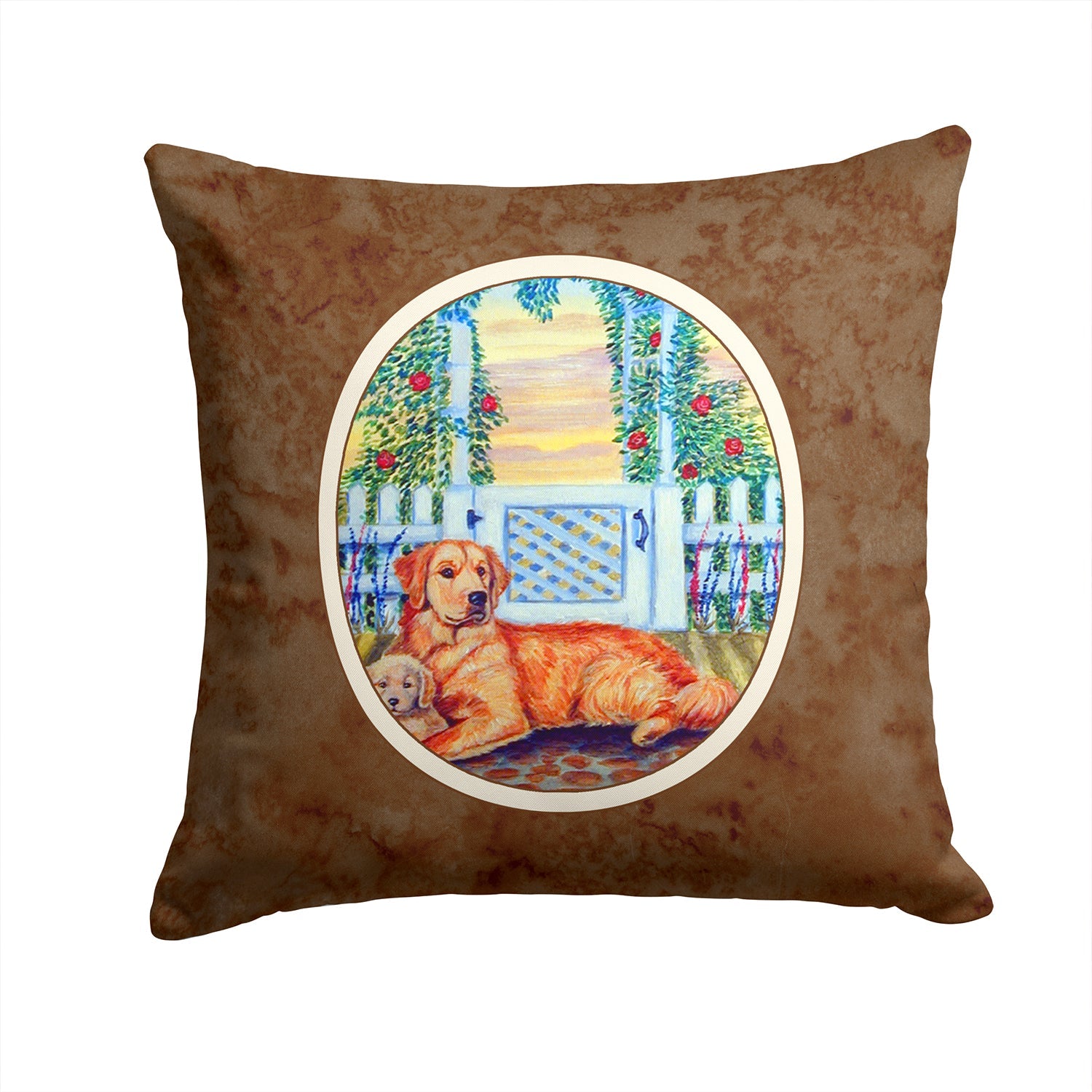 Golden Retriever and puppy at the fence Decorative Throw Pillow 14x14 Indoor Outdoor Accent Cushion, Fabric Cover with Insert for Sofa, Bed, Porch & Living Room