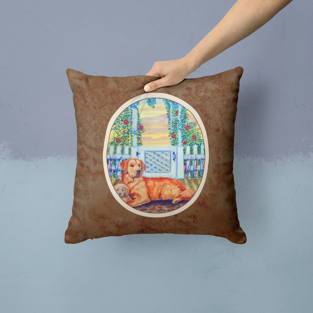 Golden Retriever and puppy at the fence Decorative Throw Pillow 14x14 Indoor Outdoor Accent Cushion, Fabric Cover with Insert for Sofa, Bed, Porch & Living Room