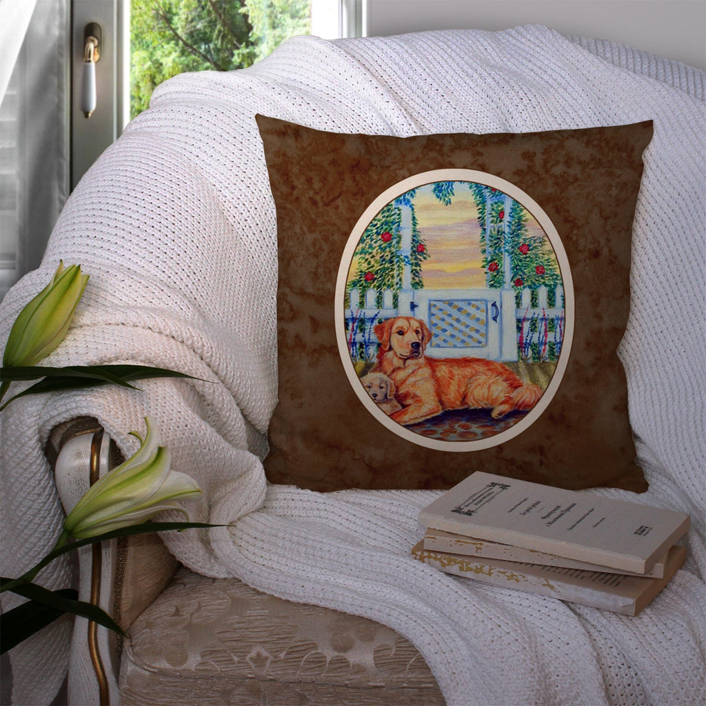 Golden Retriever and puppy at the fence Decorative Throw Pillow 14x14 Indoor Outdoor Accent Cushion, Fabric Cover with Insert for Sofa, Bed, Porch & Living Room