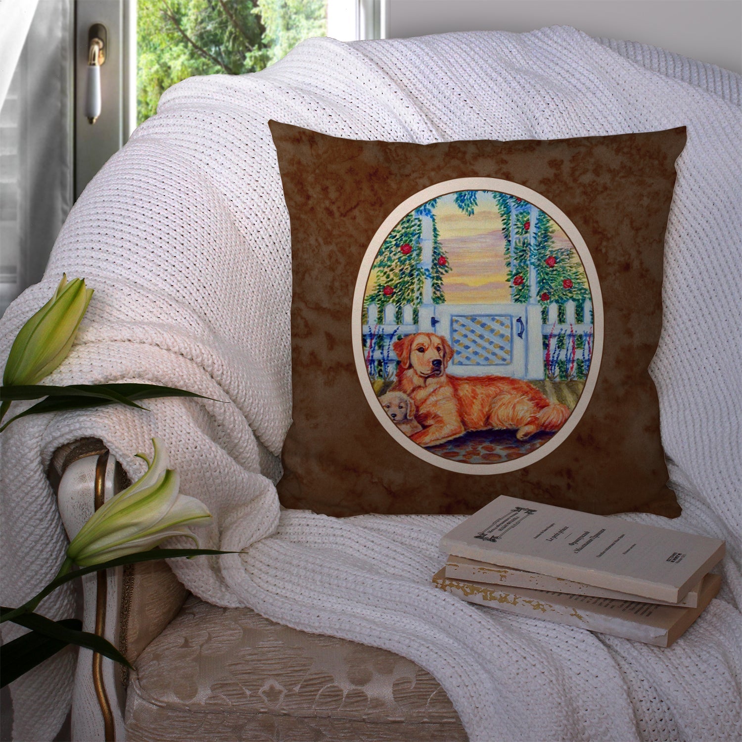 Golden Retriever and puppy at the fence Decorative Throw Pillow 14x14 Indoor Outdoor Accent Cushion, Fabric Cover with Insert for Sofa, Bed, Porch & Living Room