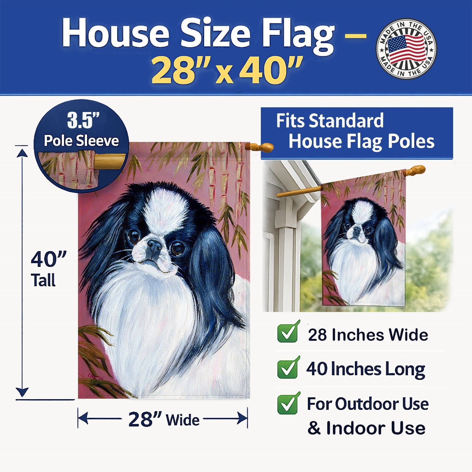 Japanese Chin House Flag 28x40 Porch Sleeve Pole Decorative Outside Yard Banner Artwork Wall Hanging, Polyester