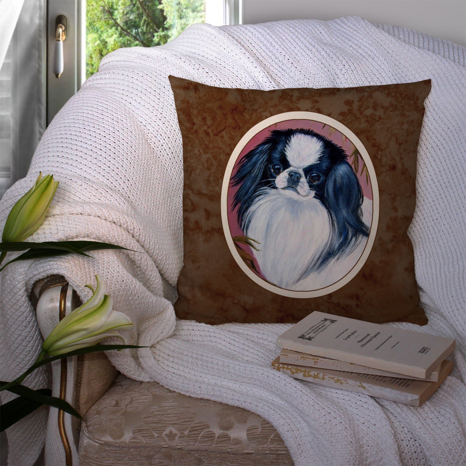 Japanese Chin Decorative Throw Pillow 14x14 Indoor Outdoor Accent Cushion, Fabric Cover with Insert for Sofa, Bed, Porch & Living Room
