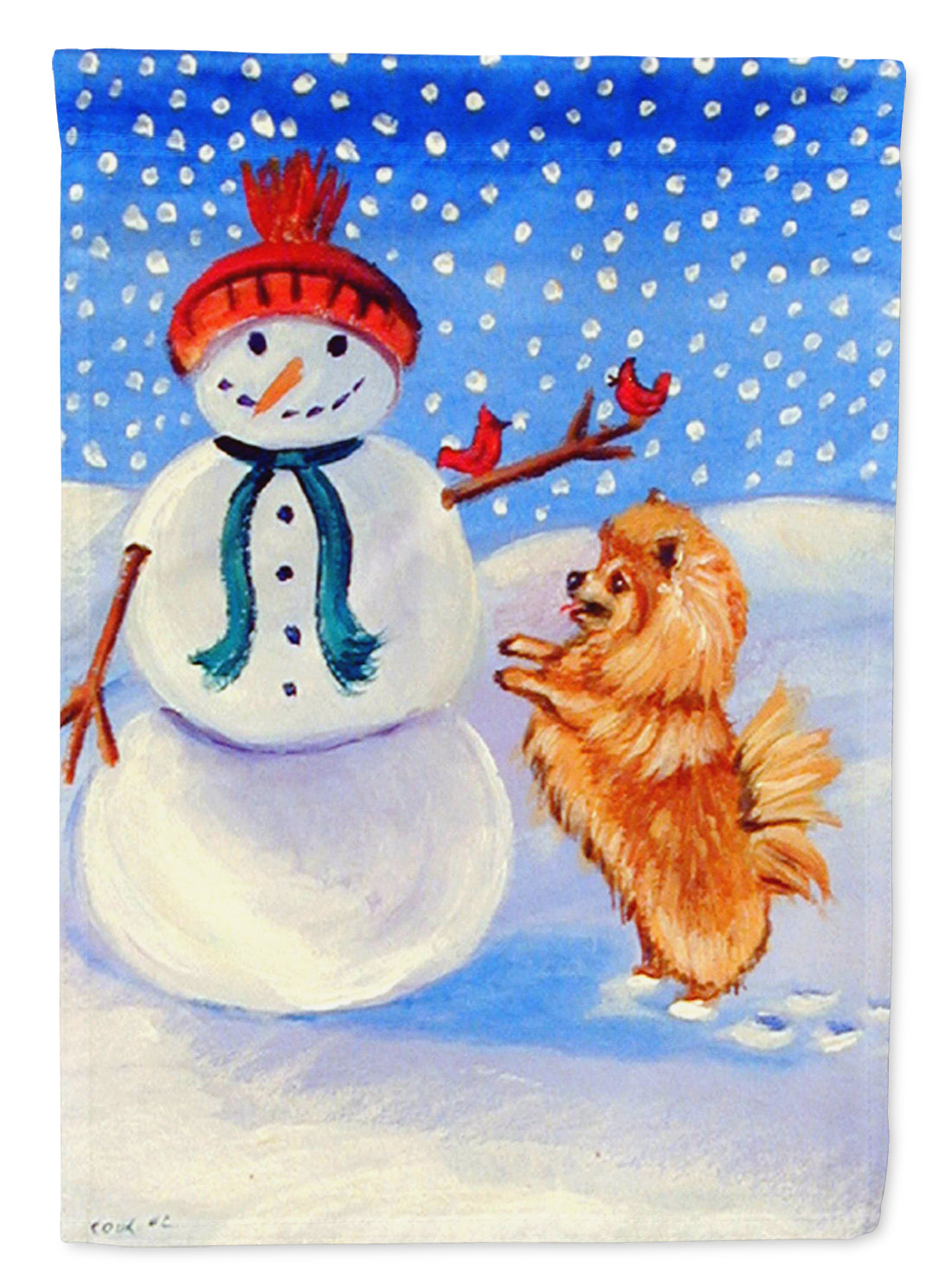 Snowman with Pomeranian Winter Snowman House Flag 28x40 Porch Sleeve Pole Decorative Outside Yard Banner Artwork Wall Hanging, Polyester